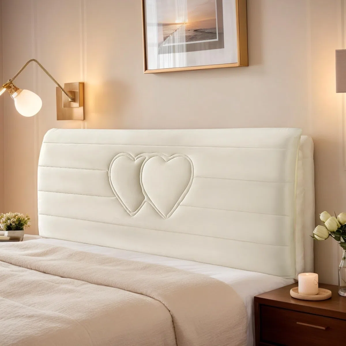 Cuscini Per Testata Letto in Velours Elasticizzati Imbottiti Protezione Completa Lavabile E Antipolvere Per Letto Matrimoniale Singolo King,Cream,180cm