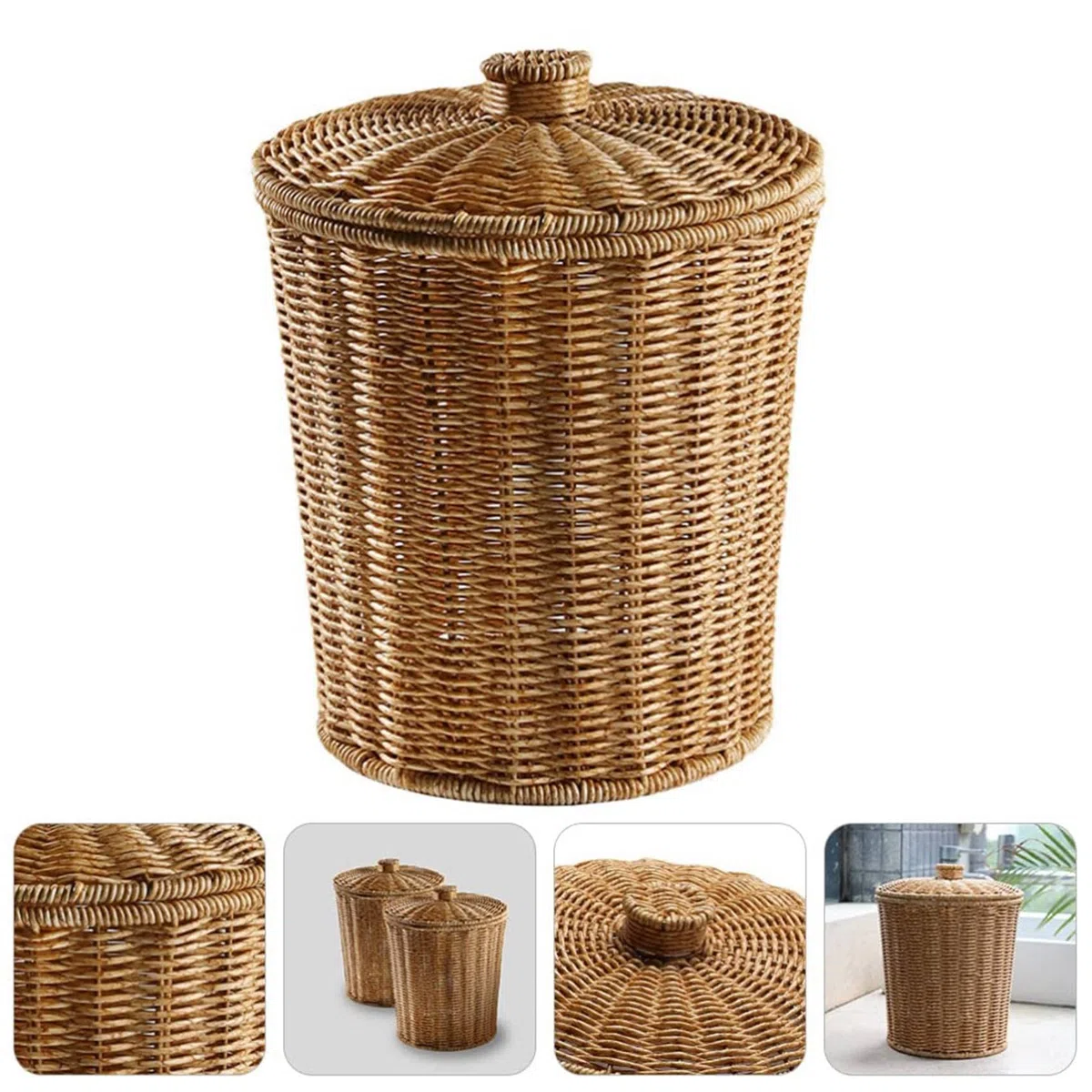 Cestino Intrecciato Cestino della Spazzatura Rotondo nel Rattan con Coperchio Cestini Portaoggetti Intrecciati Cestino della Spazzatura nel Vimini Cestino della Spazzatura