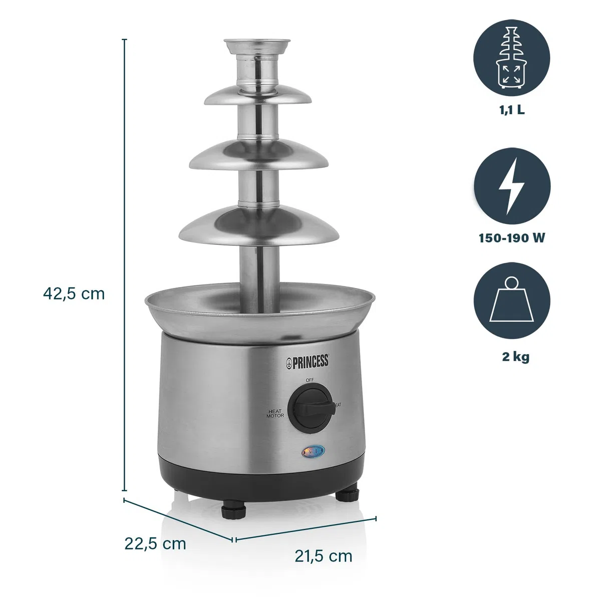 Princess Fontana di cioccolato XXL – 4 piani in acciaio – Mantenimento in caldo – 190 W – 1,1 L – senza PFOA e BPA – argento – 292999