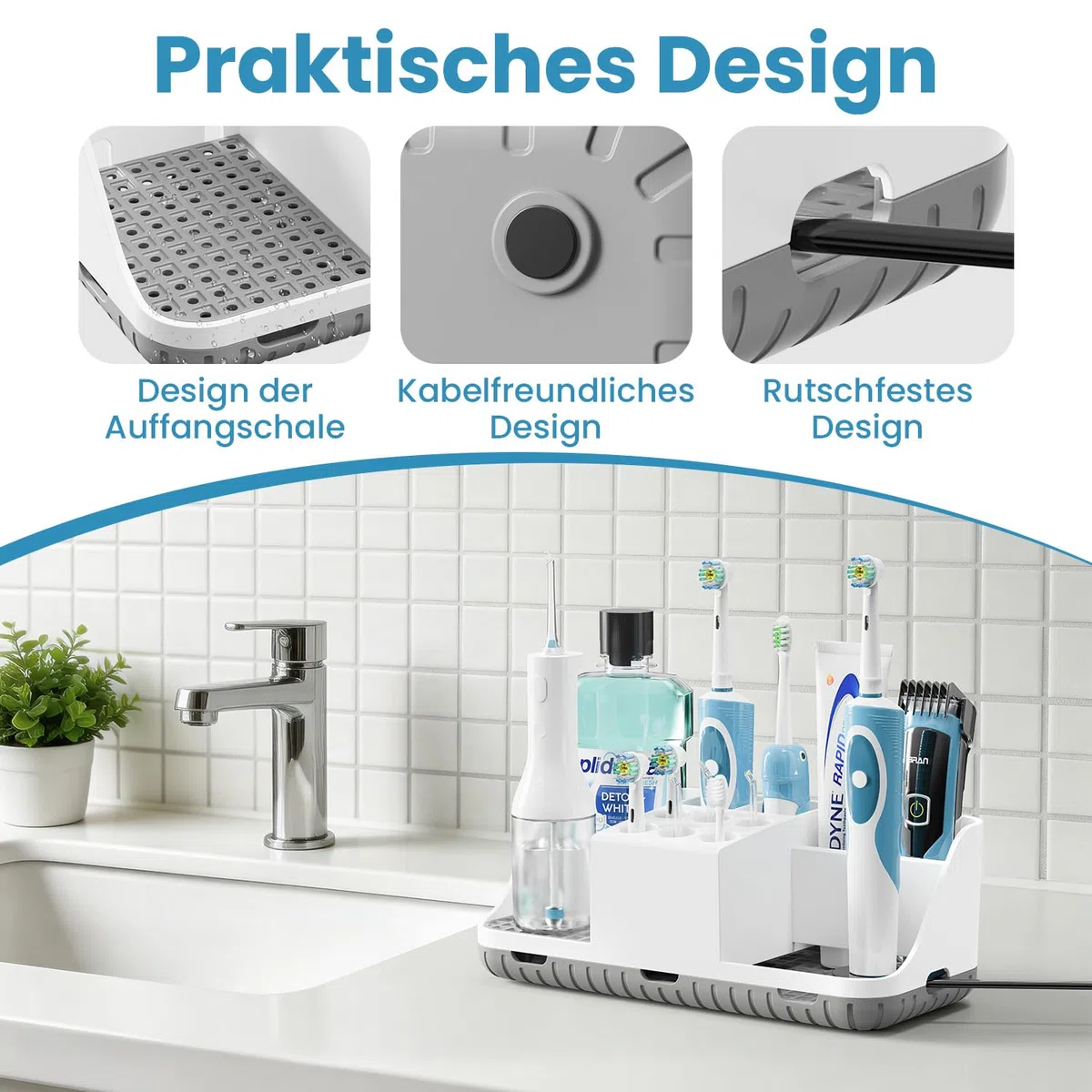 Grande Porta Spazzolino con Passacavi Nascosto e Scarico, Organizer da Bagno Rimovibile con 11 Scompartimenti per Spazzolini Elettrici, Testine di Spazzolino, Dentifricio e Irrigatore Orale