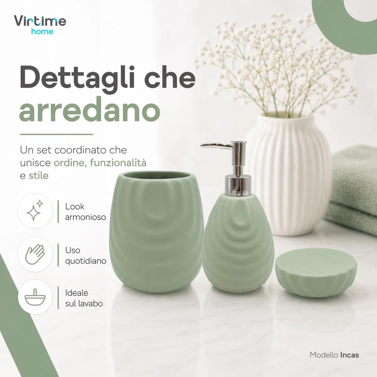 Set Accessori Bagno 3 Pezzi in Ceramica Lucida Modello Incas, Dispenser Sapone Liquido, Porta Spazzolini e Porta Saponetta (verde)