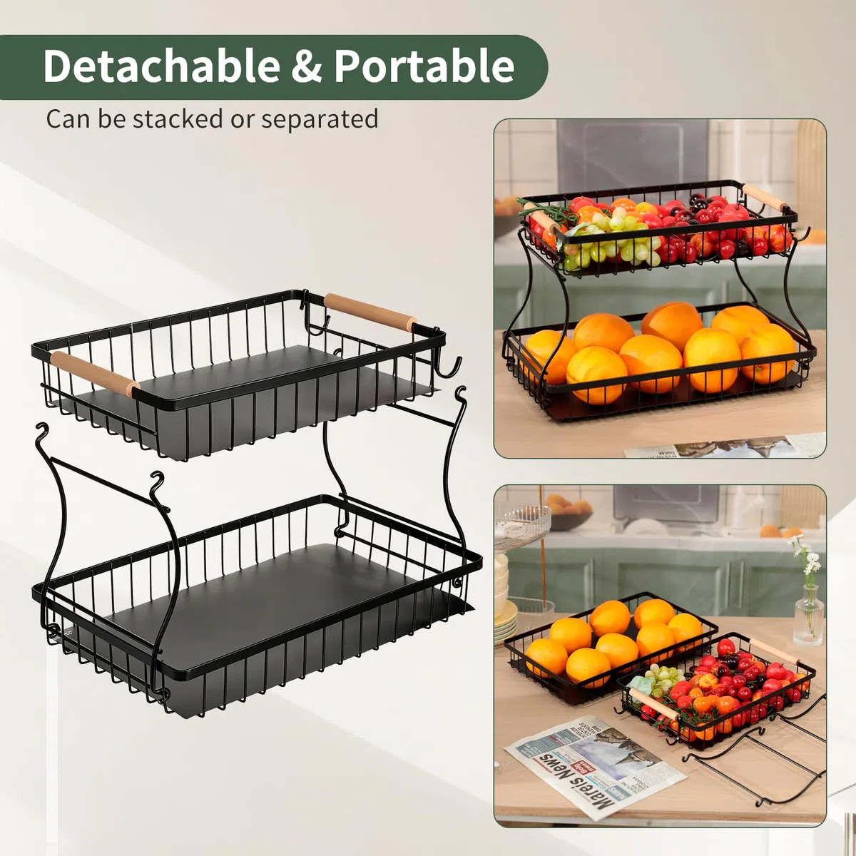 Romon Portafrutta, Alzatina Cesto Portaoggetti Carrello per Frutta da Tavolo a 2 Piani Fruits Basket per Avere più Spazio Sul Piano, Mantiene Verdura Fresca Adatto per Snack Verdure Pane Cucina, Nero