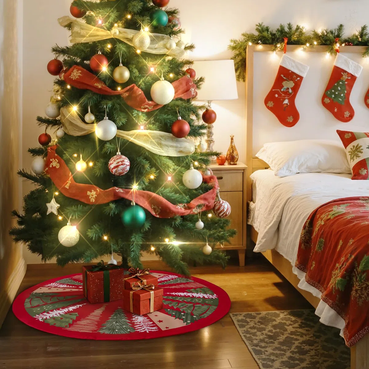 Lanpn Tappeto Sotto Albero di Natale Copribase Albero 90cm, Grande Velluto Copertura Base Tappetino Copri Base Piede Gonna per la Decorazioni per interni per feste invernali in casa (Rosso)