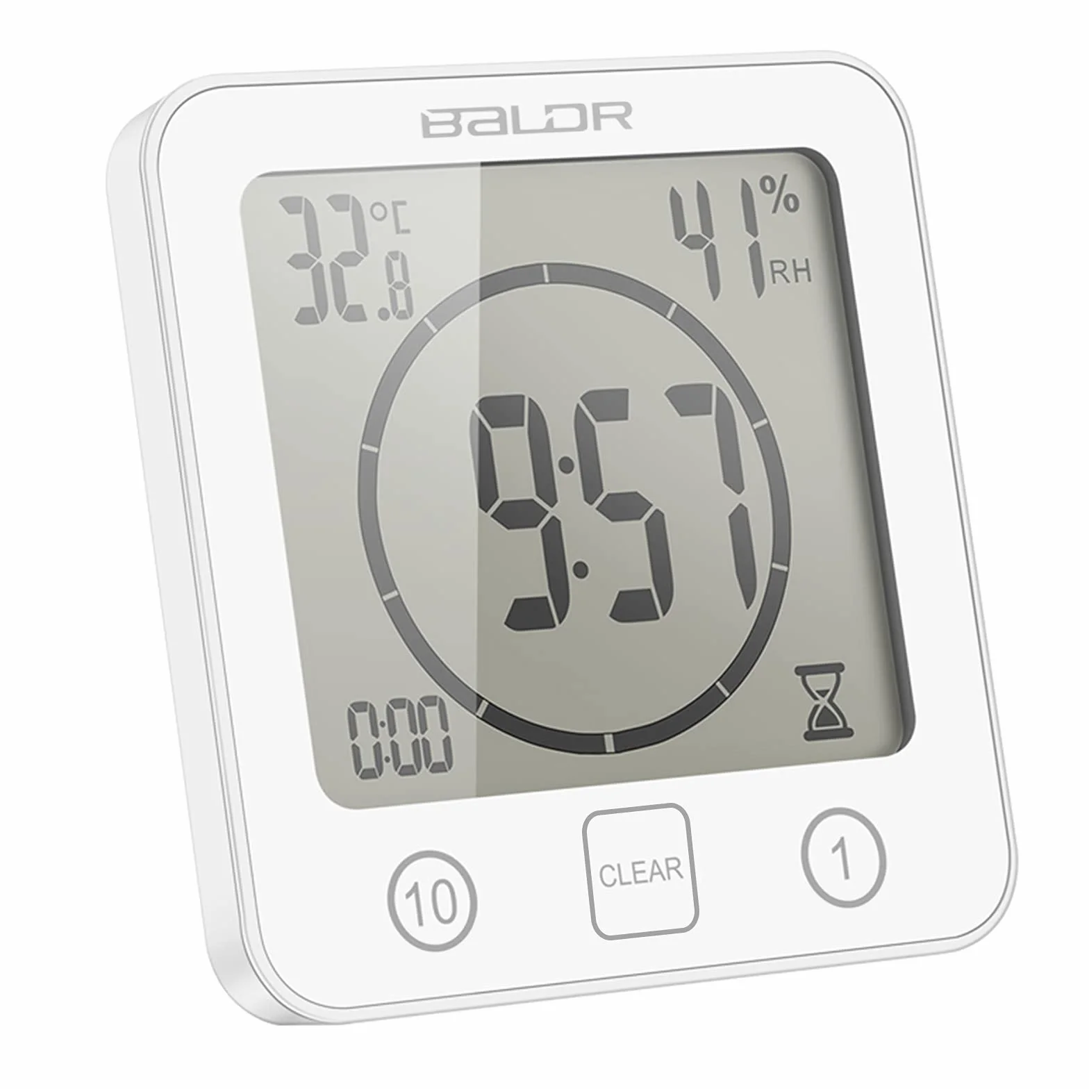 ALLOMN Orologio da Bagno, Doccia Orologio Allarme Impermeabile Toccare Controllo ℃/℉ umidità Temperatura, Timer per il Conto Alla Rovescia, 3 Metodi di Montaggio, Alimentazione a Batteria (Bianca)