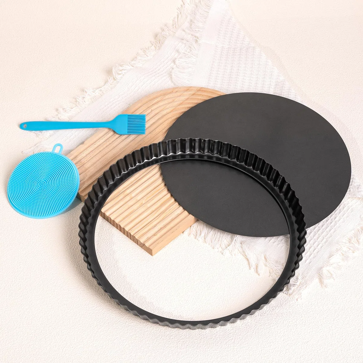 Teglia Rotonda per Torte con Fondo Scanalato, 32 cm, per Quiche con Base Allentata, Antiaderente, per Crostate di Cottura, Quiche, Tortiera, Quiche, Acciaio al Carbonio, Grigio Scuro
