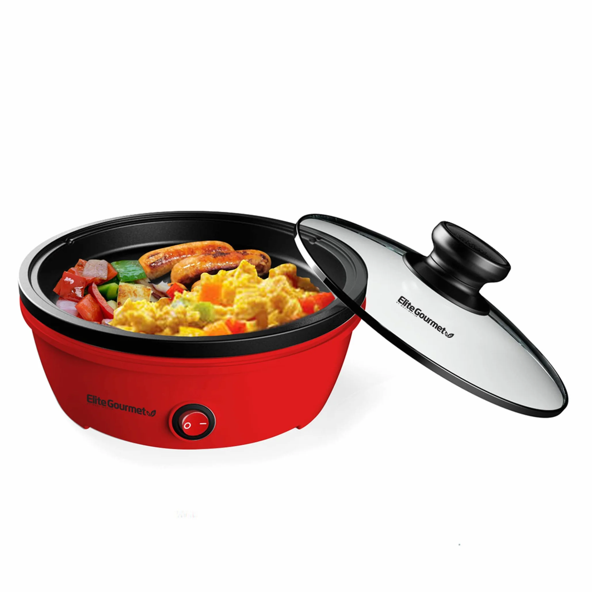 Elite Gourmet EGL-6101 padella personale riscaldamento rapido 650 Watt padella elettrica antiaderente con coperchio in vetro temperato, rosso