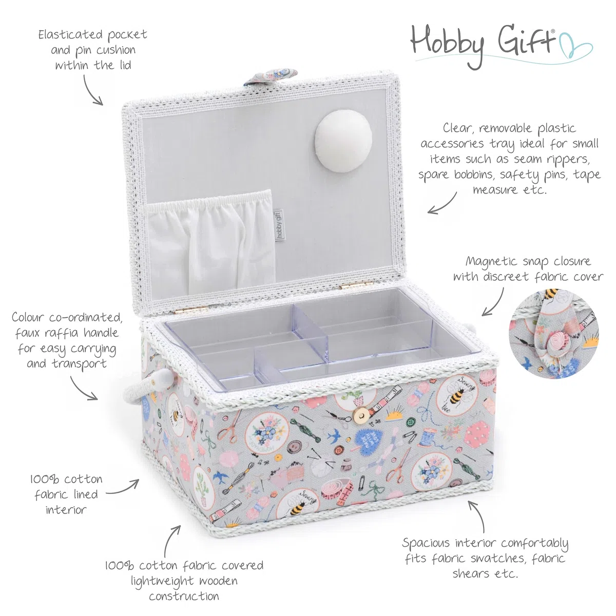 Hobby Gift Scatola Media per Cucito Kit con Manico - Cestino Porta Cucito in Cotone con Scomparti per Strumenti e Accessori Creativi - 18,5 x 25,5 x 14,5 cm, Fatto in Casa