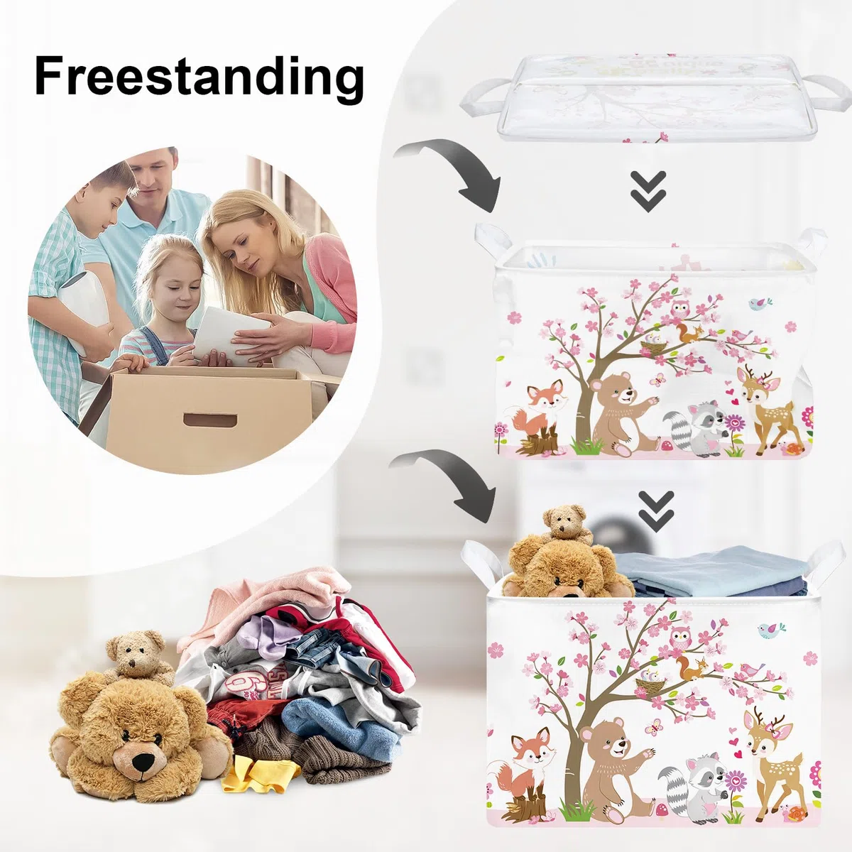 Grande Cesta Porta Biancheria Animale Della Foresta Pieghevole Cestini Portaoggetti Giocattoli/Vestiti per Genitore Cesta Indumenti Sporchi per Bagno, Rosa, 36L