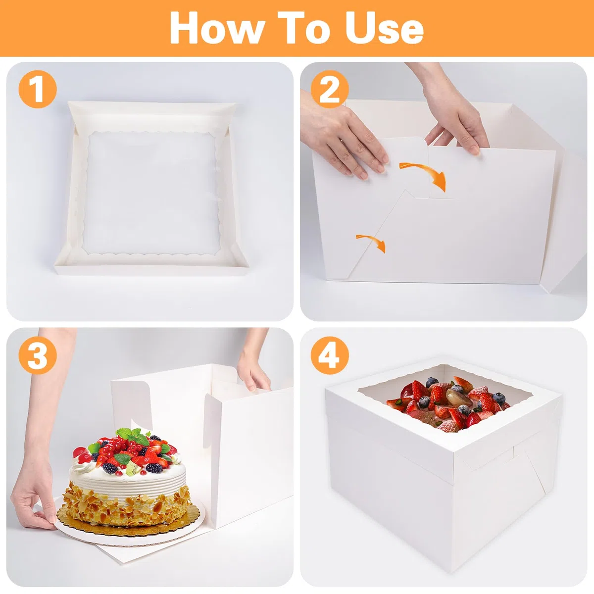 KOMABLEN Scatola per Torta 30,5x30,5x20,3cm, 10 Pezzi Bianche Scatole per Dolci in Cartone, Scatole per Torte con Finestra Vassoi, Porta Torta Cartone con Adesivi e Nastro per L'imballaggio Dessert