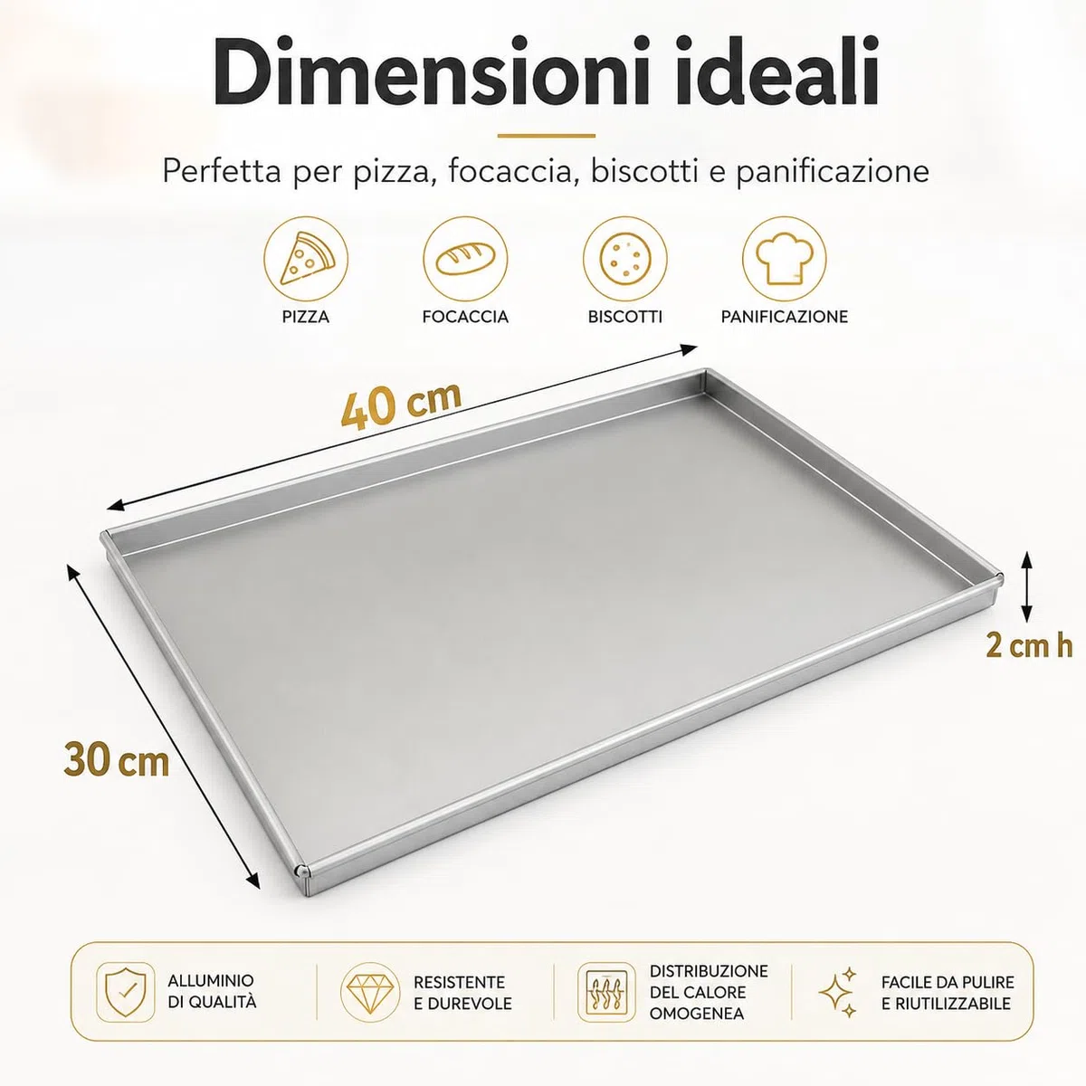 Teglia Rettangolare in Lega d'Alluminio Spessore 12/10 con Orlo, Argento, 40 x 30 cm 2 cm h, 1 Pezzo (40X30 2CM H ALLUMINIO 12/10)