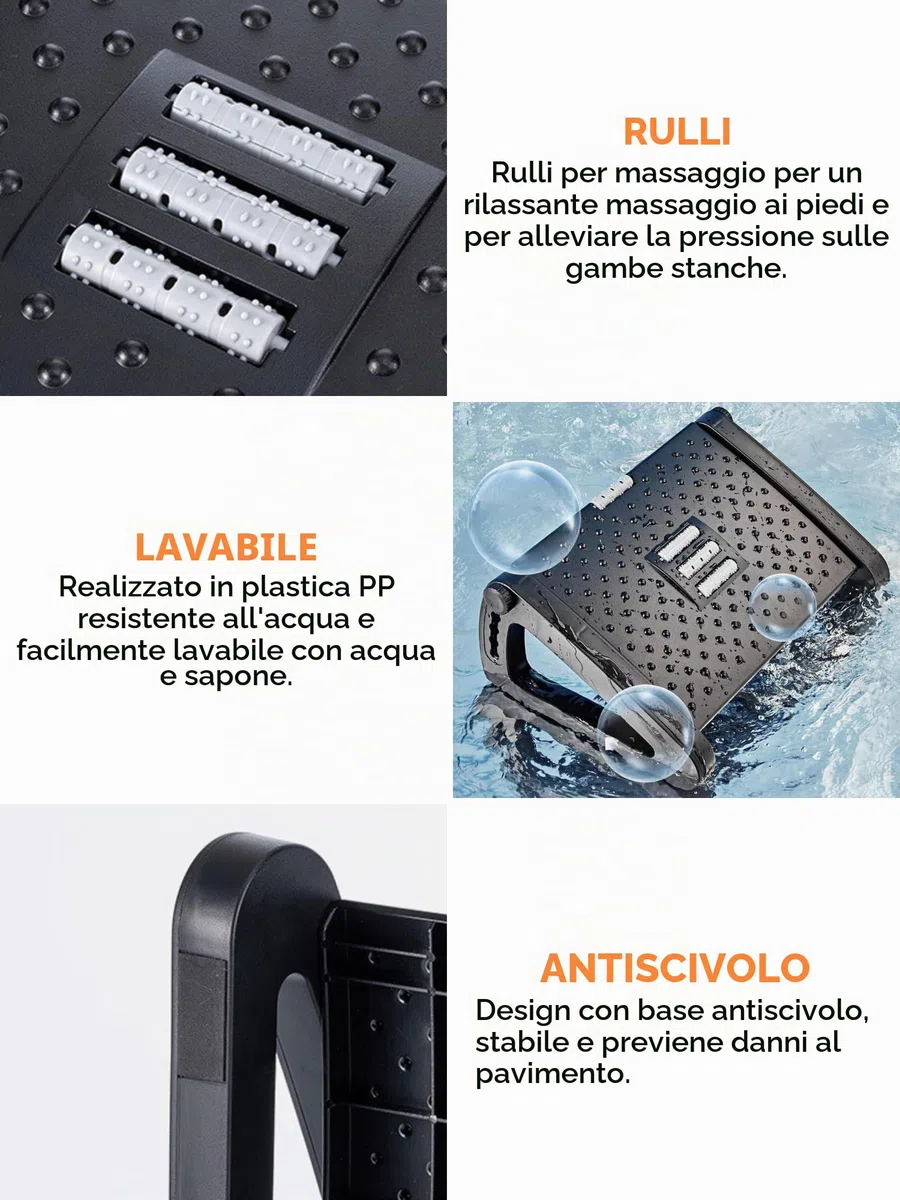 Poggiapiedi Ergonomico per Ufficio, Supporto per i Piedi per Scrivania Regolabile, Antiscivolo, Poggiapiedi con Funzione Massaggio, Migliora la Postura e la Circolazione, Ideale per Lavoro e Casa