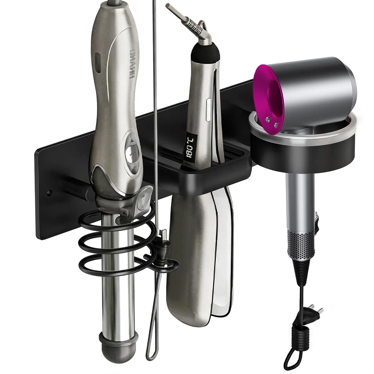 Supporto per Asciugacapelli da Parete con Doppia Installazione – Porta Phon in Alluminio Spaziale Senza Trapano o con Viti, con Fessura per Cavi, Design Nero, 30 × 8 cm