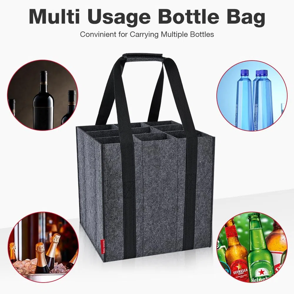 Eurhomewit Borsa per Bottiglie Vino Acqua in Feltro, 9 Scomparti Borse Porta Vino Portabottiglie, Borsa Trasporto per Vino Bottiglie in Vetro 1,5 litri, Riutilizzabile - Nero