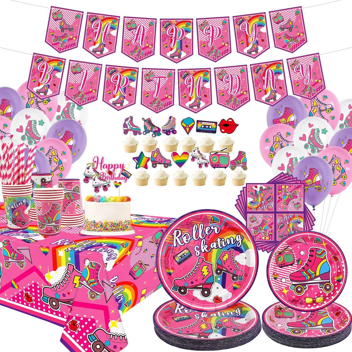Forniture per feste di pattinaggio a rotelle - Le decorazioni per feste di compleanno di pattini a rotelle includono striscione di buon compleanno, decorazioni per torte, piatti