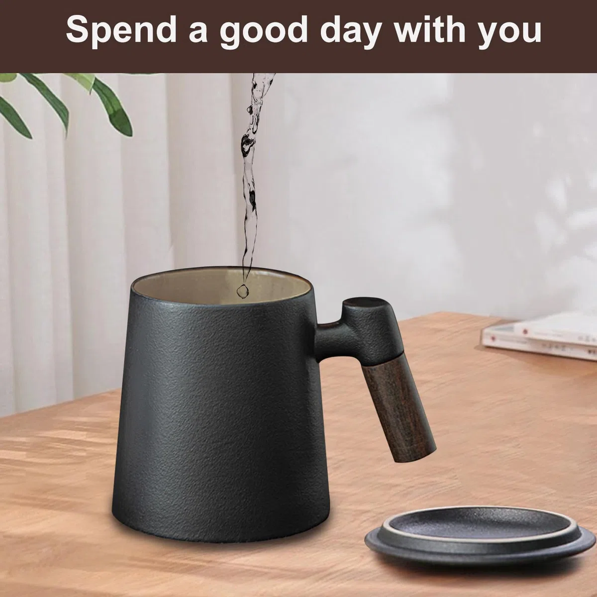 Tazza Manico Legno, Teiera In Ceramica Con Filtro E Coperchio, Per Tisana E Tè Sciolto, Uso Casa Ufficio (Nero)