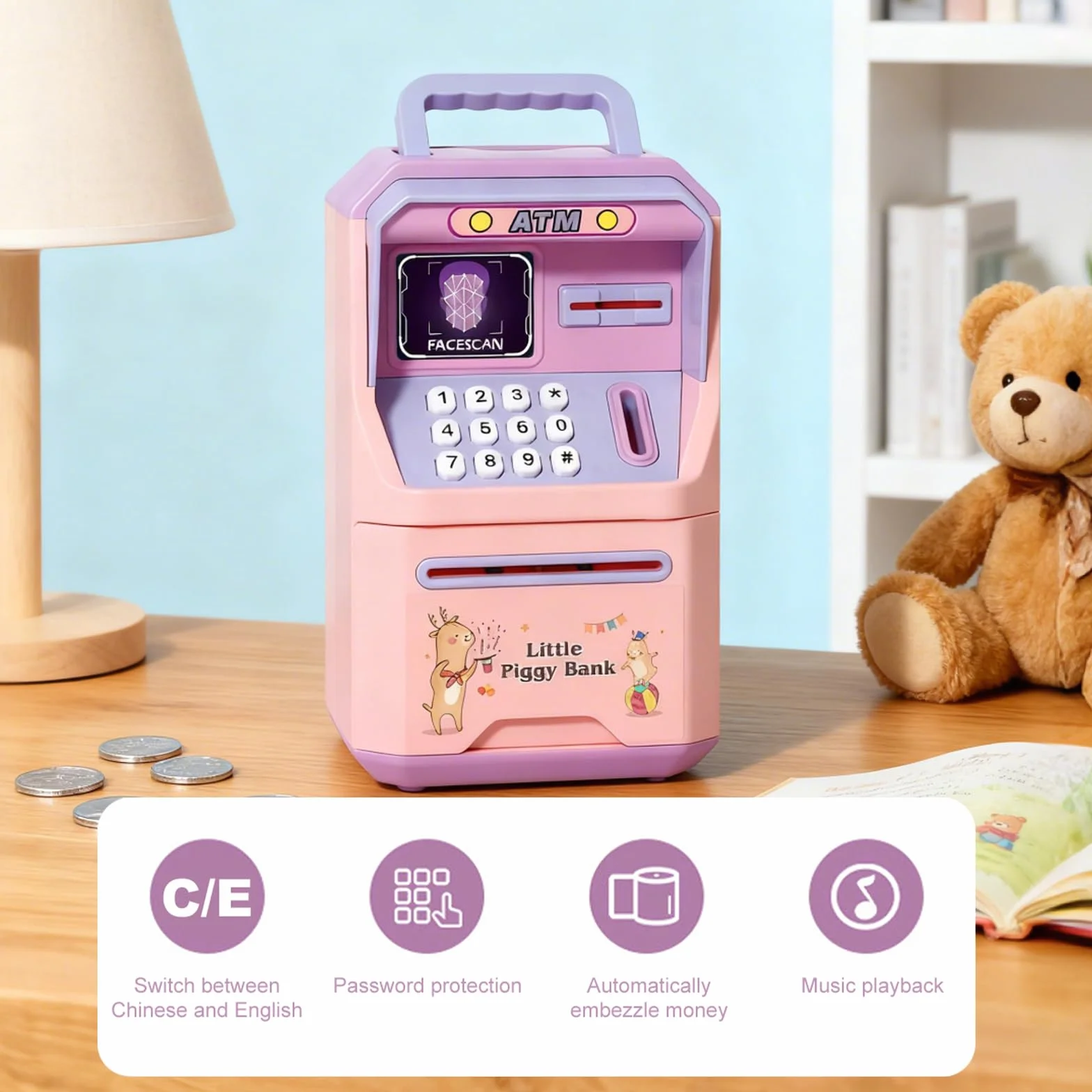 Salvadanaio Elettronico, Cassaforte Salvadanaio Elettronico con Codice, Mini Bancomat con Musica, ATM Digitale Automatico Regalo di Compleanno(Rosa)