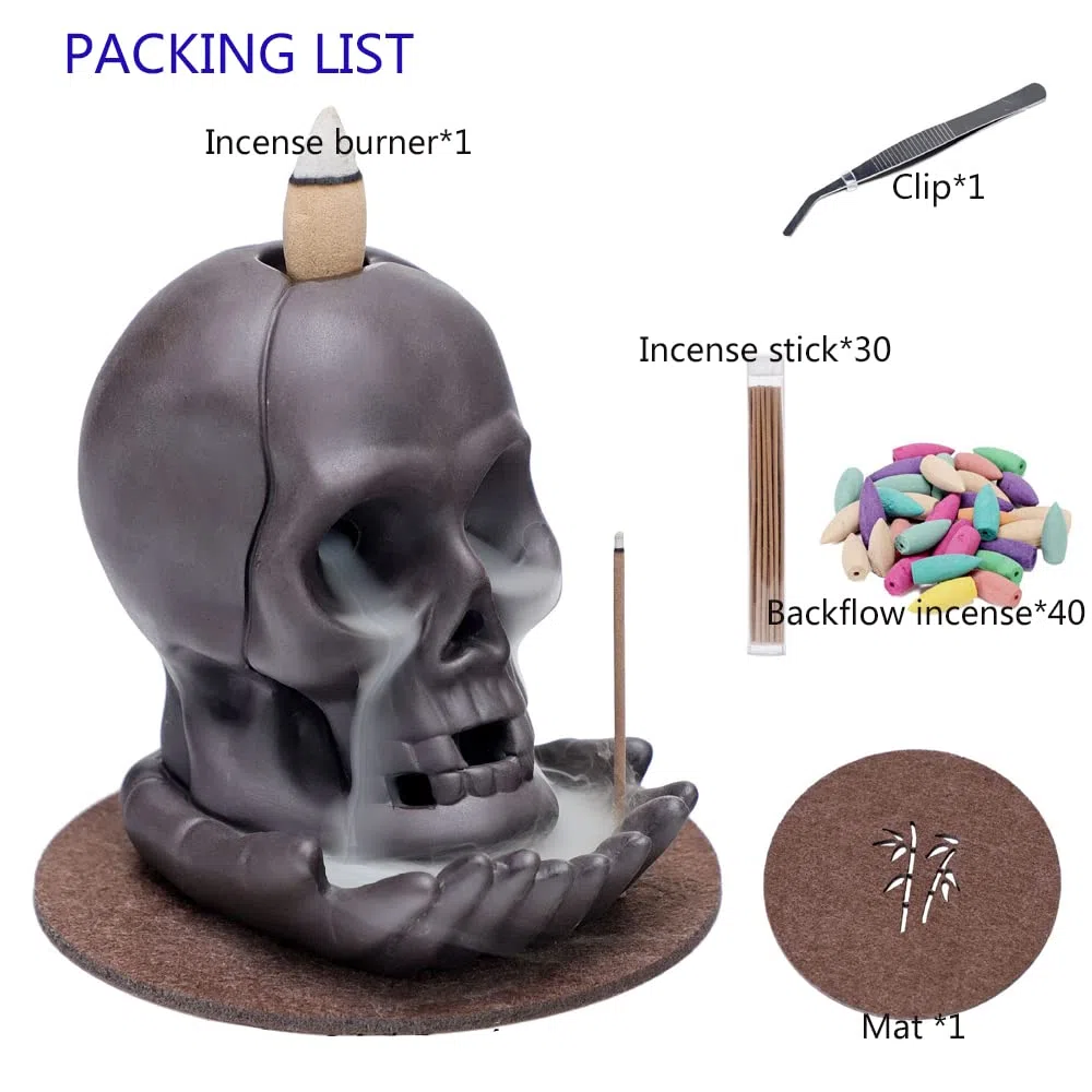 Bruciatore incenso a forma di teschio, cascata incenso, in ceramica, con 40 coni incenso+ 30 bastoncini incenso + 1 pinzetta + 1 tappetino per Halloween, bar, decorazione per feste in casa infestata