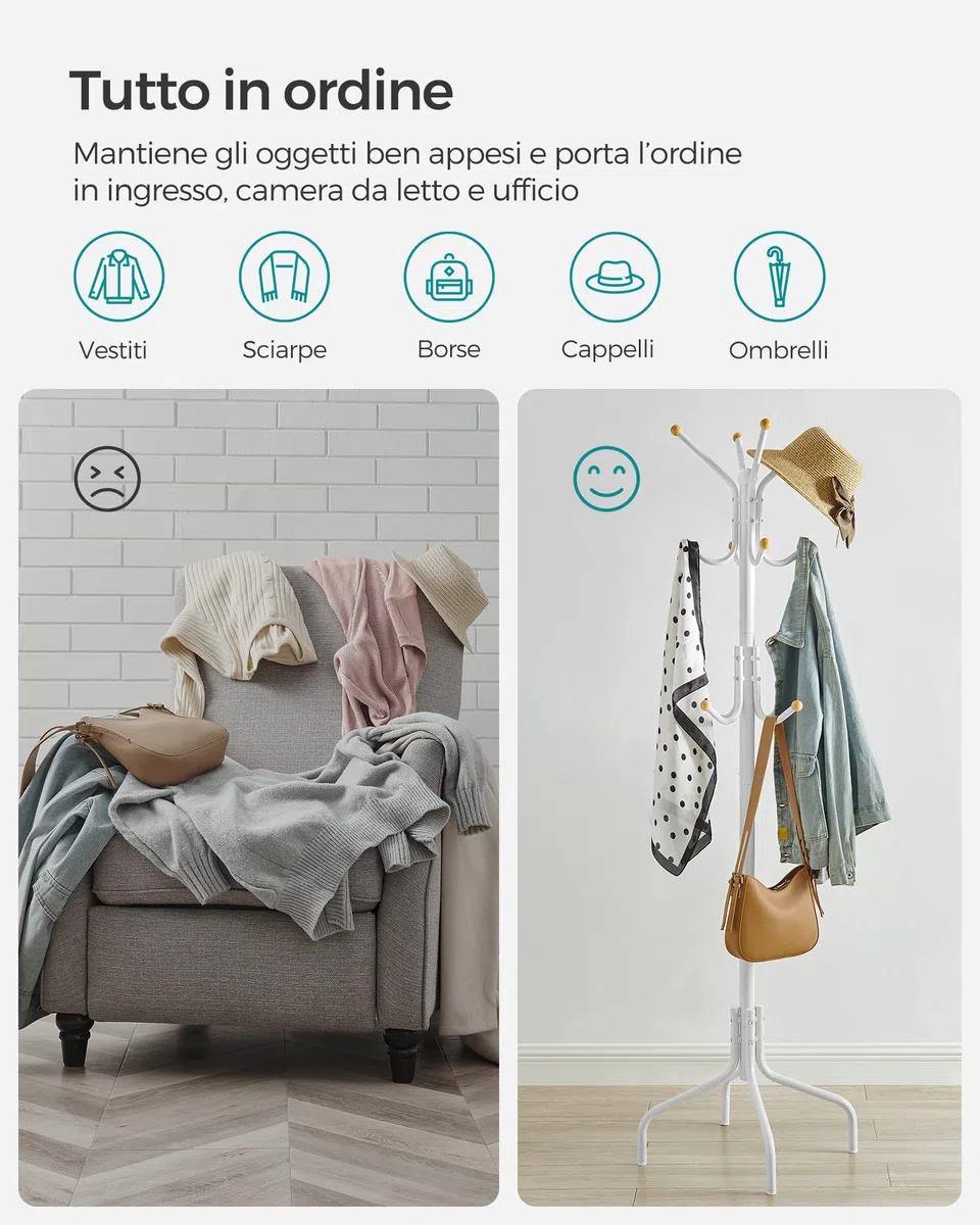 SONGMICS Appendiabiti da Terra, Attaccapanni in Metallo con 12 Ganci, 4 Gambe, Appendi Abiti Cappotti Cappelli Borse, per Ingresso Camera da Letto Ufficio, Bianco RCR031W01