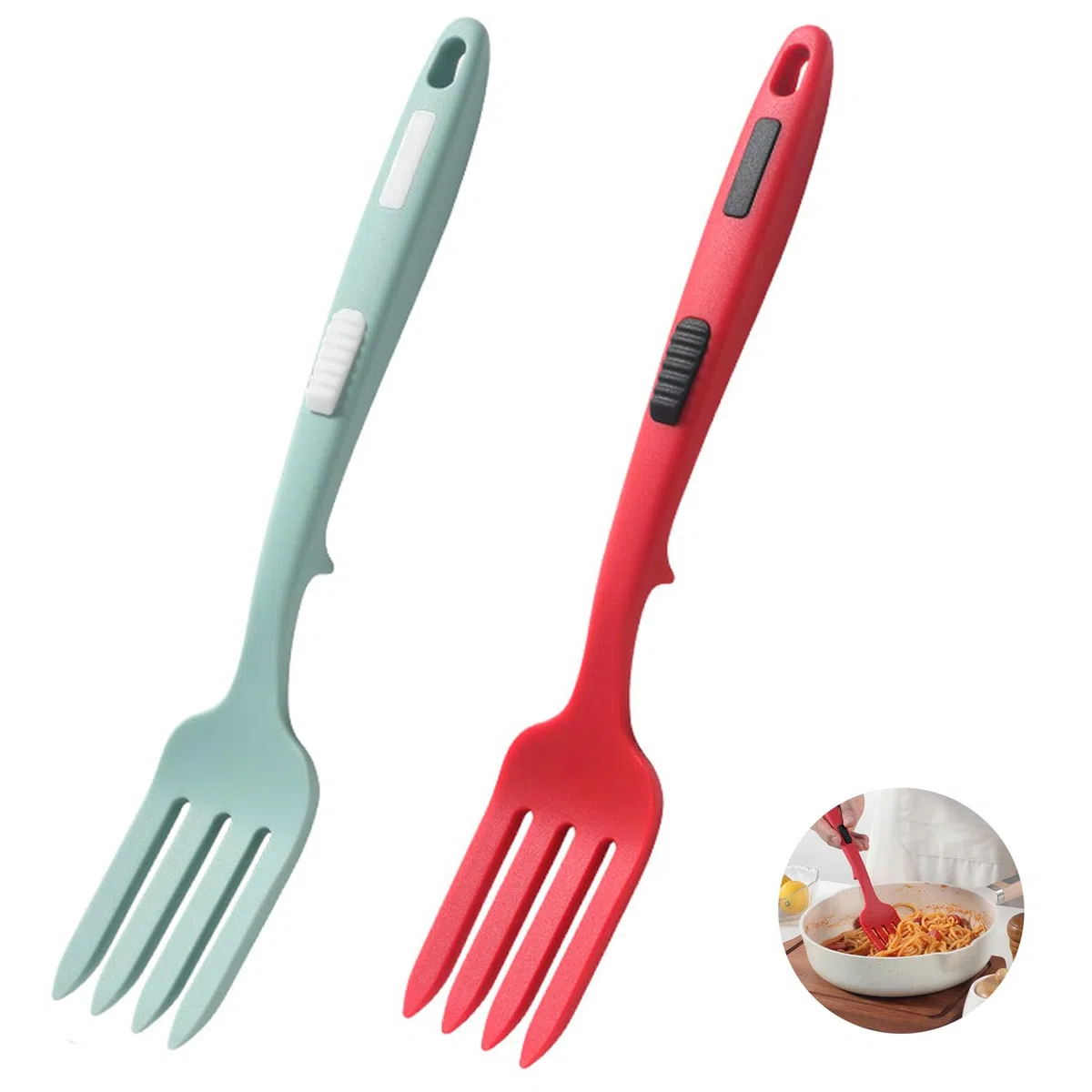 Forchetta Flessibile In Silicone, 2 Pezzi Forchettone Da Cucina, Forchettone Silicone Cucina, Forchetta Per Frullare, Resistente Al Calore, Antiaderente, Per Frullare e Mescolare (Rosso, Blu)
