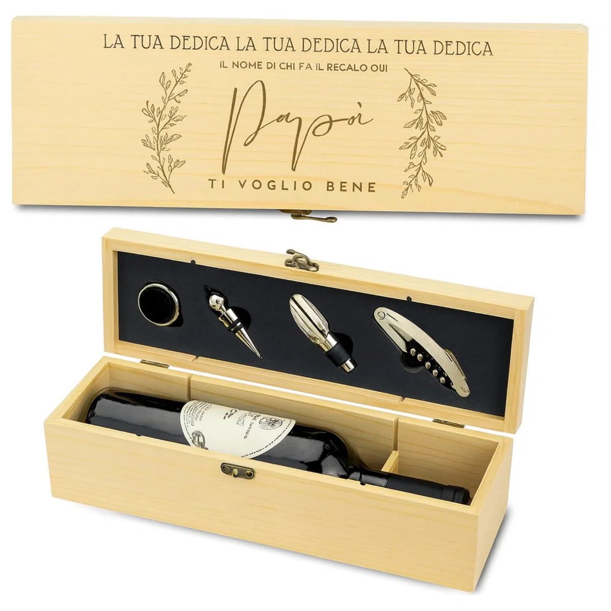 CASSETTA REGALO in Legno + SET 4PZ Apri Bottiglia, Tappo, Dosatore, Anello salva goccia Porta Bottiglie Vino Spumante elegante Idea Regalo per lui Papà Compleanno Personalizzata con testo nome dedica