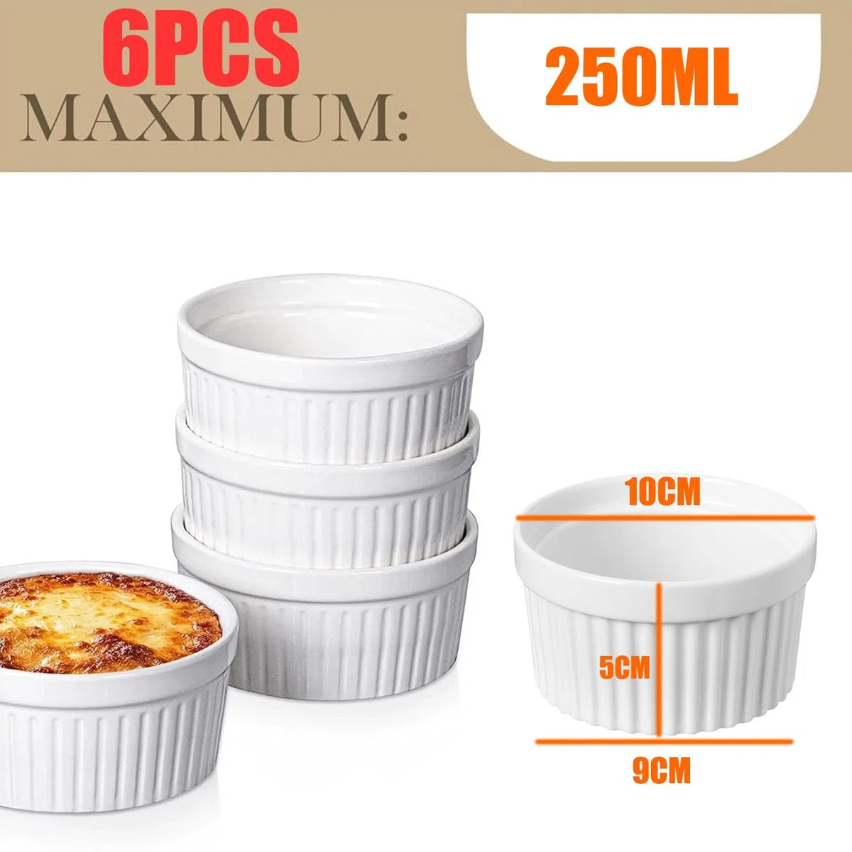 6 Pirottini in crema Brulee, resistenti al forno, in ceramica, per ciotole per ragout fini, per muffin, panna cotta, 10 cm, bianco