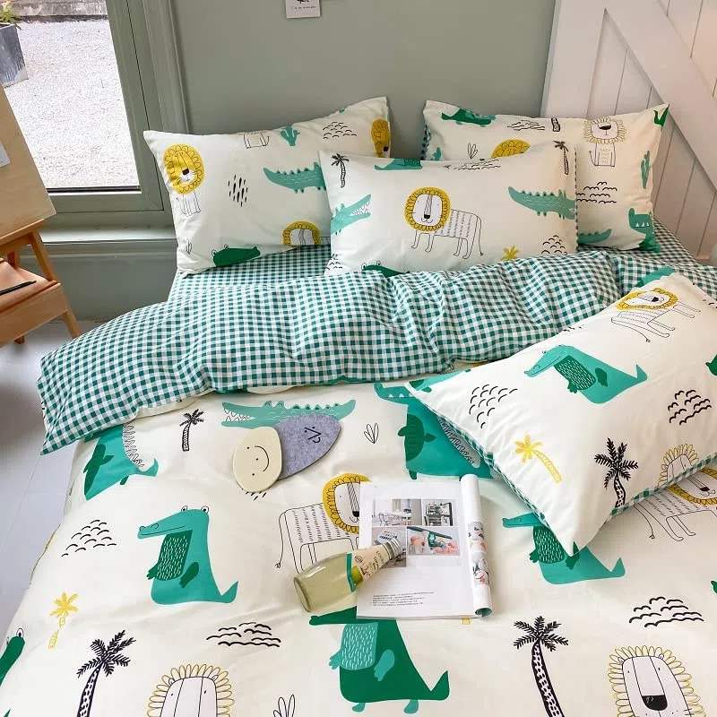 Biancheria da letto in 100% cotone - Taglia singola per bambini, ragazzi e ragazze - Motivi: Animali dei cartoni animati. Copripiumino con stampa di coccodrillo e leone, verde, per tutta la stagione