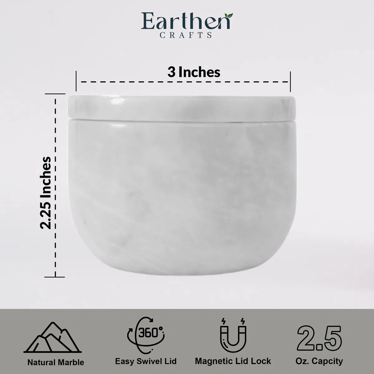 Saliera in marmo bianco da 7,6 cm, con coperchio, contenitore per sale con chiusura magnetica per bancone della cucina, contenitore per sale e spezie, barattoli per condimenti da tavola
