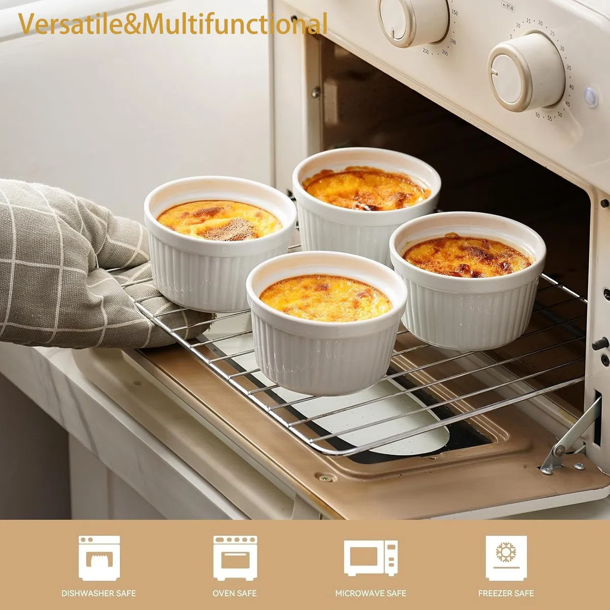 6 Pirottini in crema Brulee, resistenti al forno, in ceramica, per ciotole per ragout fini, per muffin, panna cotta, 10 cm, bianco