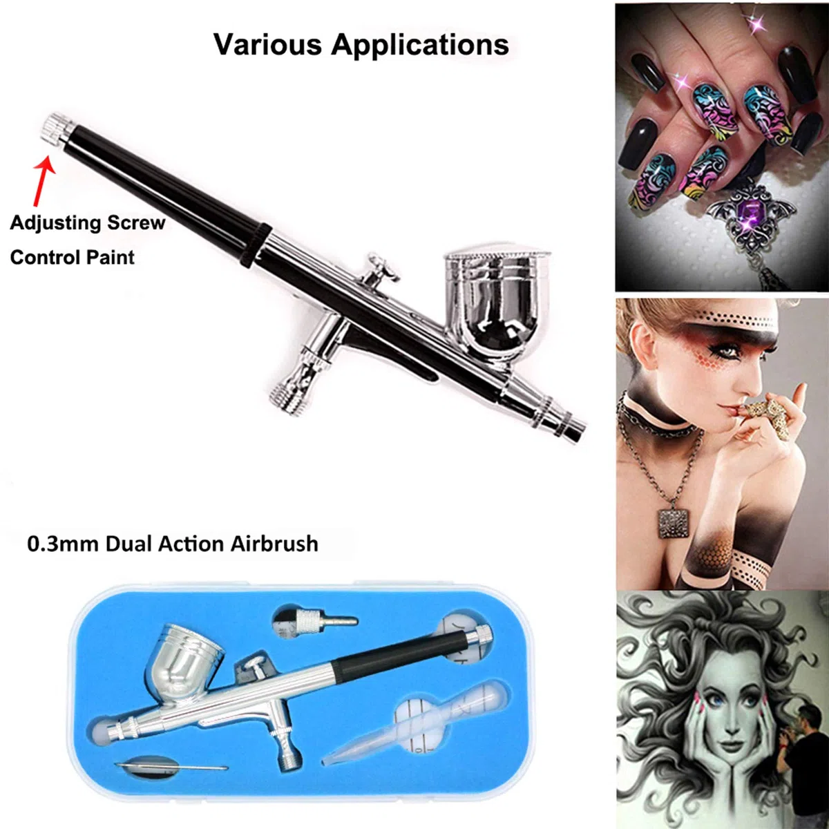 Aerografo Doppia Azione gravità Alimentare 0,3mm ugelli Pistola Aerografo Set per Verniciatura Tatuaggi Nail Art Trucco Make up Spray Modellismo Pasticceria …