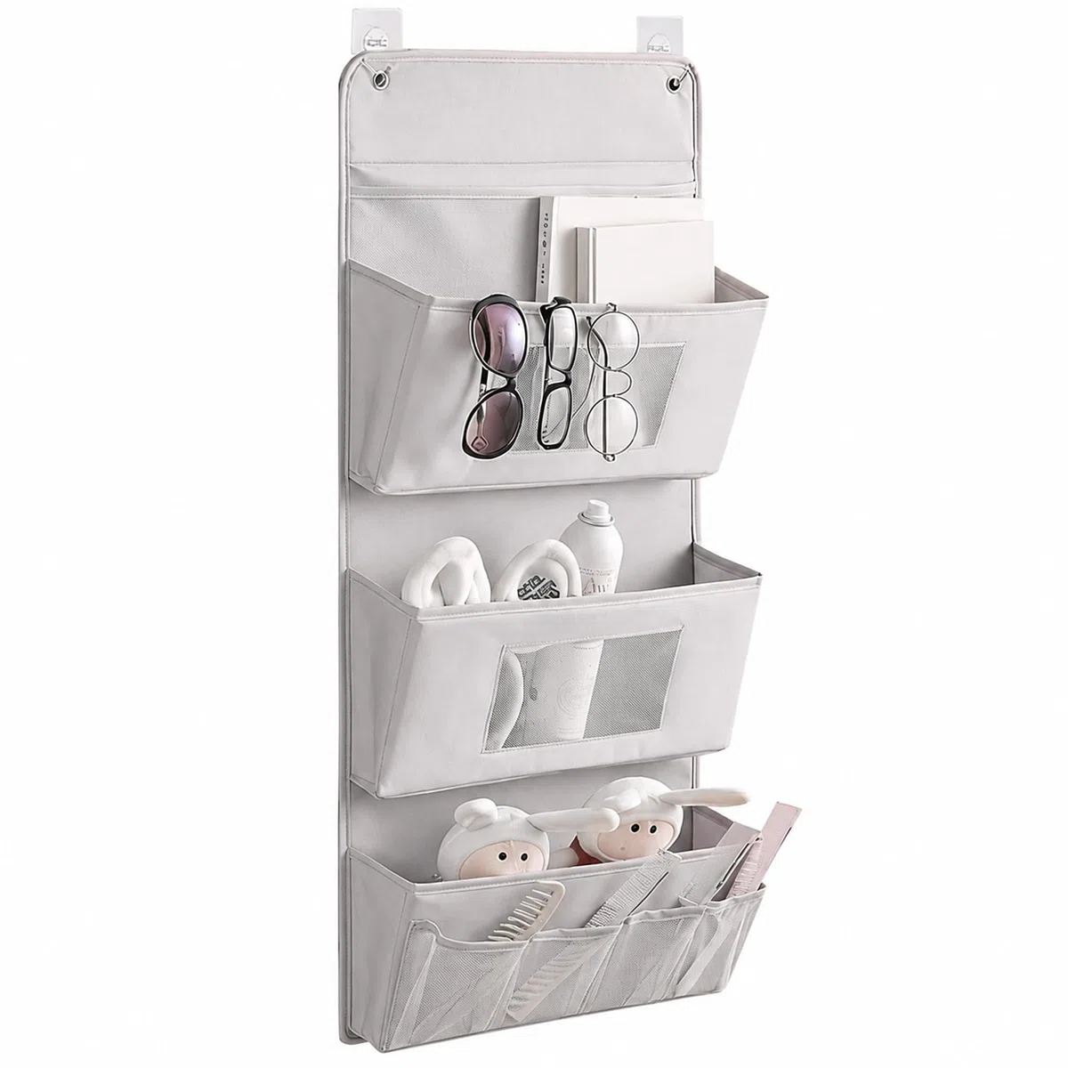 Organizer da appendere a 3 strati, 40 x 90 cm, organizer per porta senza fori, per bagno e guardaroba, organizer da parete pieghevole in tessuto Oxford con 3 tasche, 2 ganci, portaoggetti
