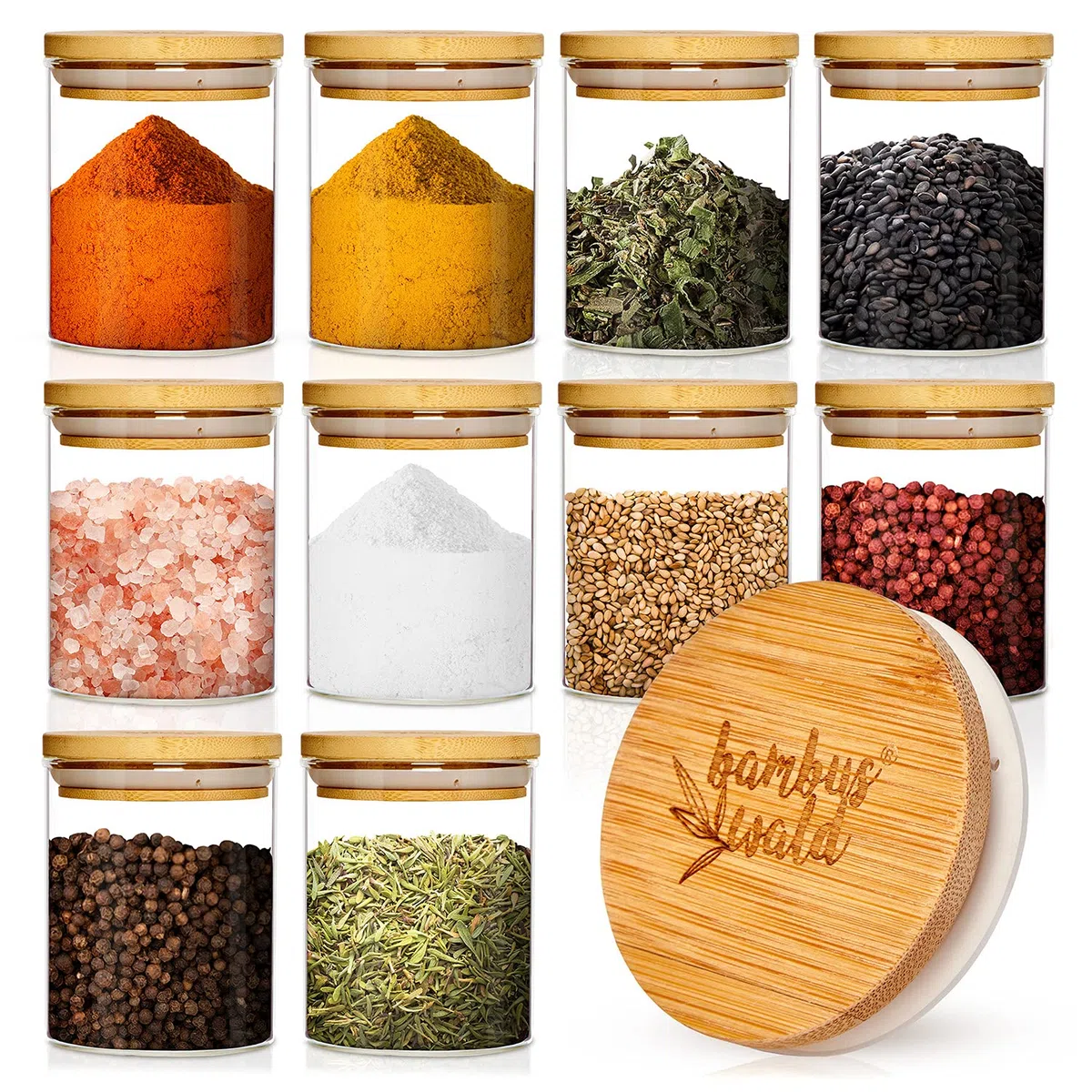 Set Di 10 Barattoli Per Spezie Da 150 ml cad., Contenitori Per Spezie Incl. Coperchio Ermetico In Bambù, Vasetti Per Spezie, Scatola Da Tè, Contenitore In Vetro