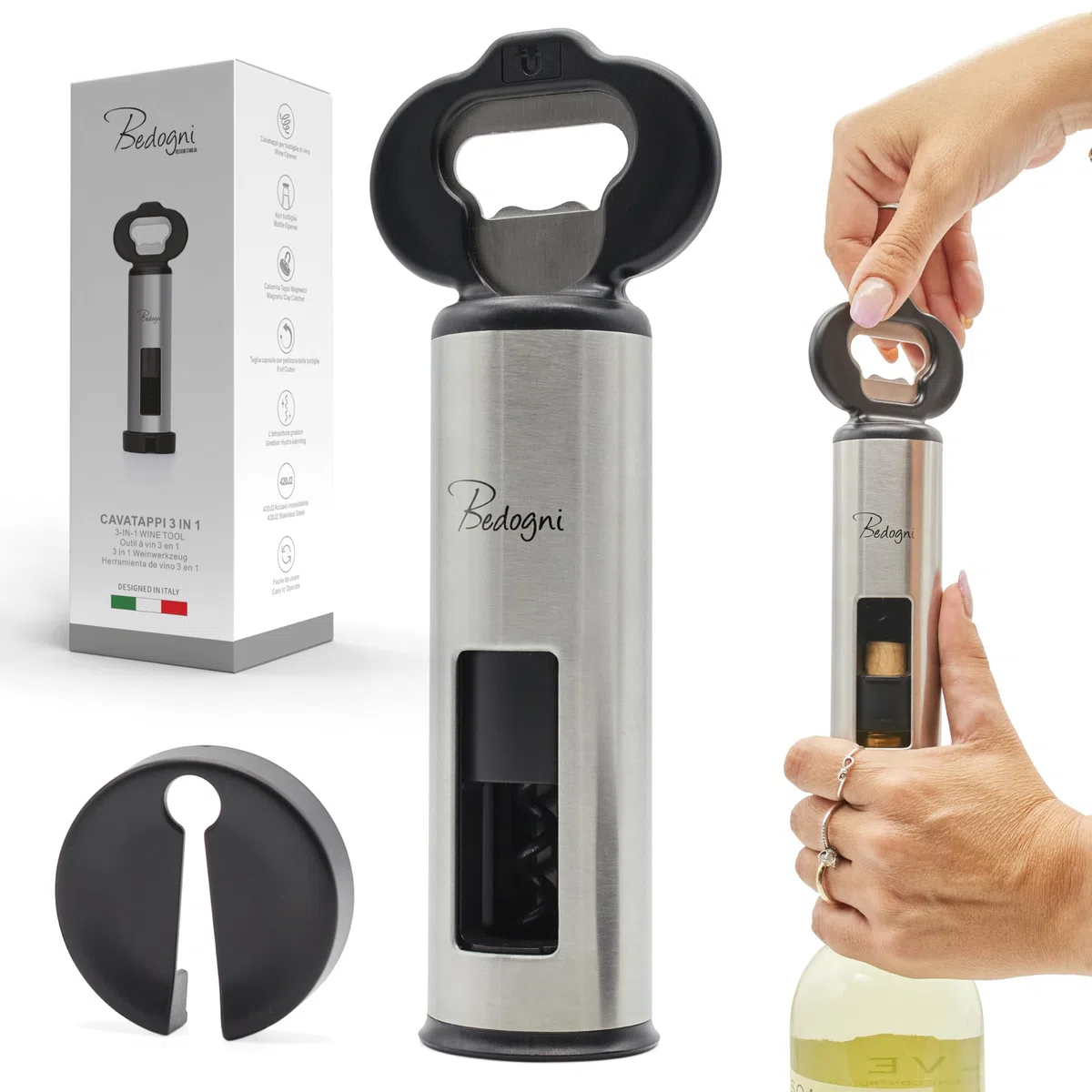 Cavatappi Apribottiglie Vino e Birra con Stappa Bottiglie Magnetico e Taglia Capsule - Regalo donna - Regalo Uomo