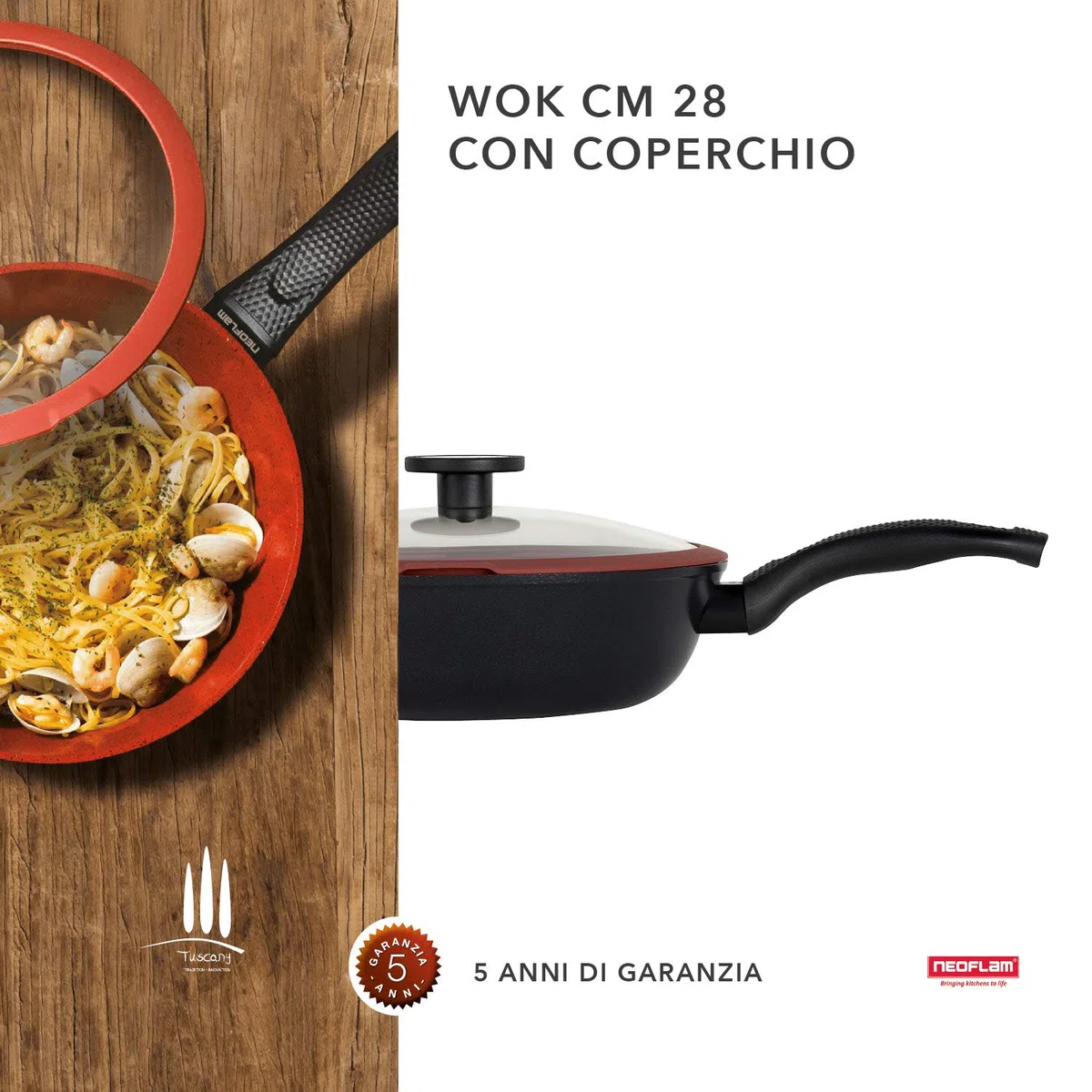 CLASSE ITALY, Linea TUSCANY, Wok cm 28 - Antiaderente naturale a 5 strati, alta resistenza, senza PTFE, PFOA, PIOMBO, CADMIO, per Induzione e Fiamma