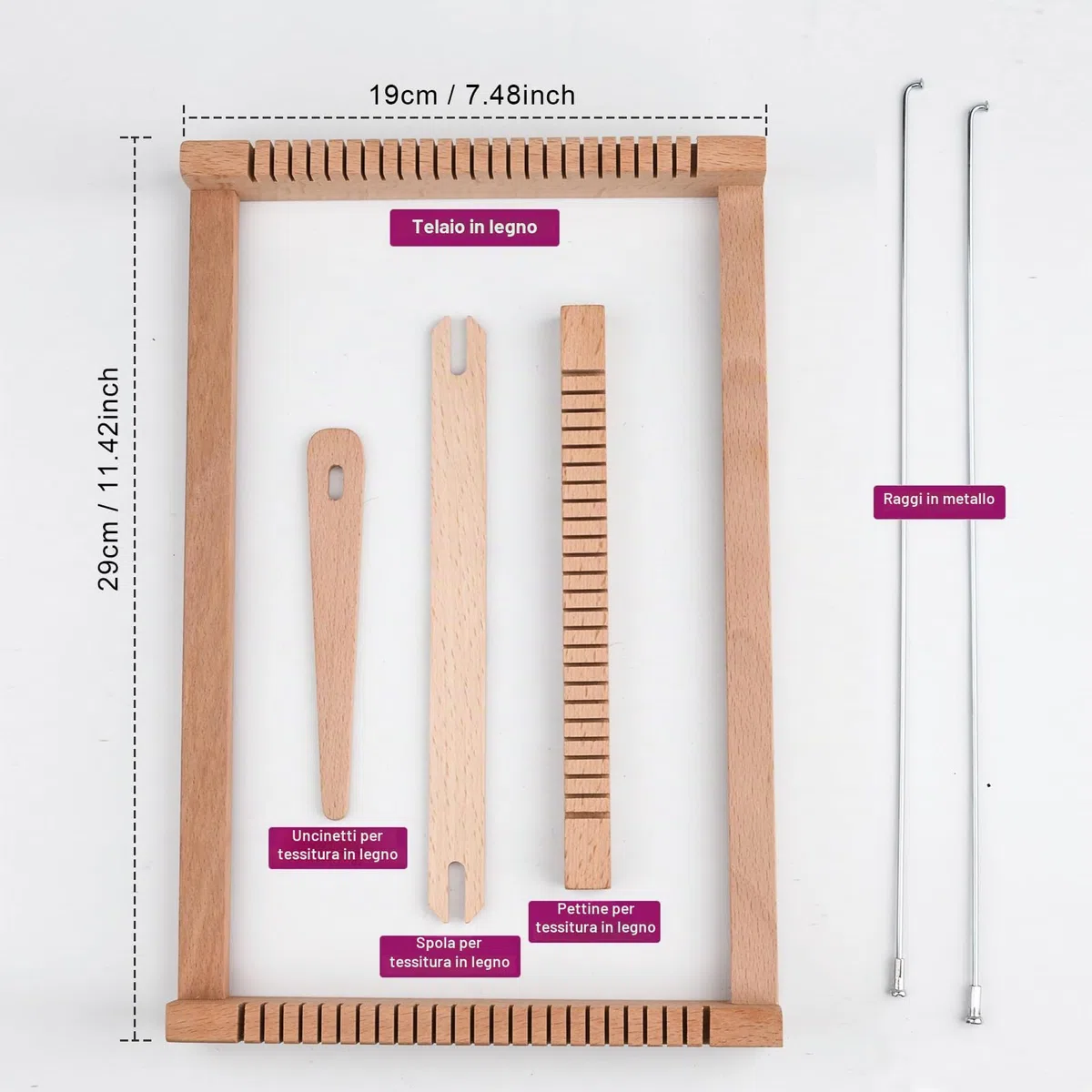 LYKTRIX Telaio Per Bambino,Telaio di Legno per la Tessitura, Fornito di Fili, Pettine, Navetta e Lana Filata per Principianti e Bambini - Dimensioni 29 x 19 cm