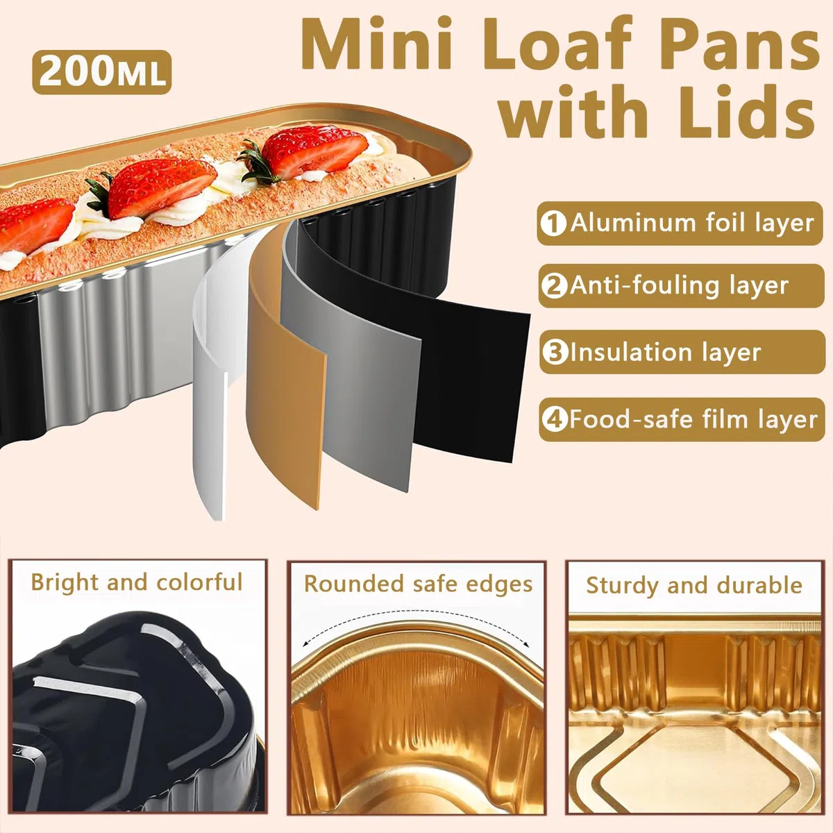 Confezione da 60 mini teglie da forno con coperchio e cucchiai, 200 ml, riutilizzabili, rettangolari, in alluminio, con adesivo sigillante, per dessert, pane, matrimoni, picnic, feste di