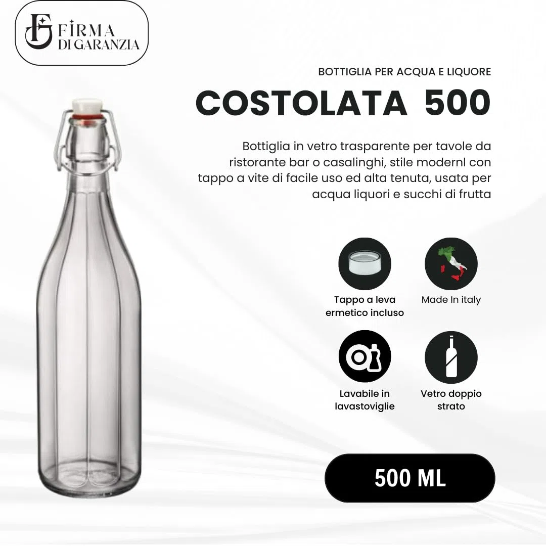 Set da 12 Bottiglia Costolata in Vetro con Tappo Ermetico da 0,5 L - Bottiglia in vetro trasparente per acqua vino e liquore con tappo meccanico e guarnizione alimentare