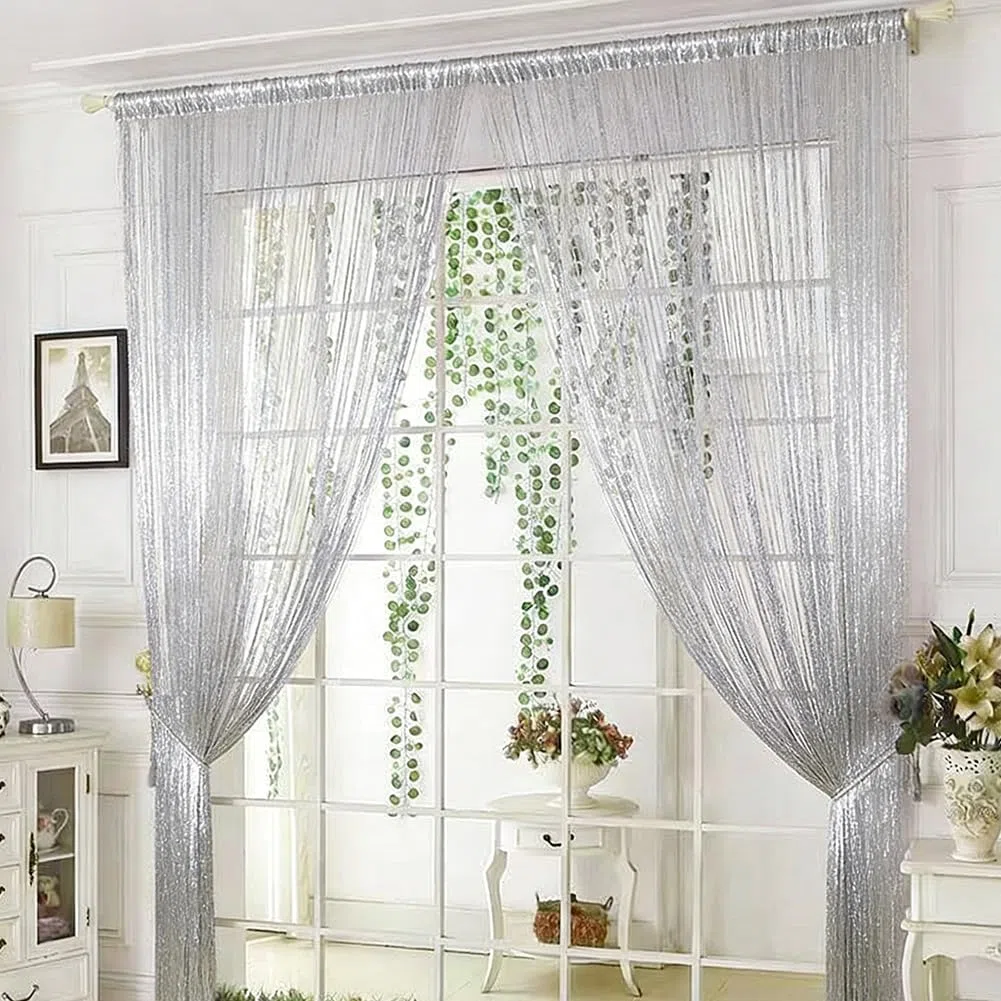 4 tende a fili per porta, con glitter, 100 x 200 cm, per porta a fili, per balcone, camera con frange, adatta per matrimoni, caffè (grigio argento)