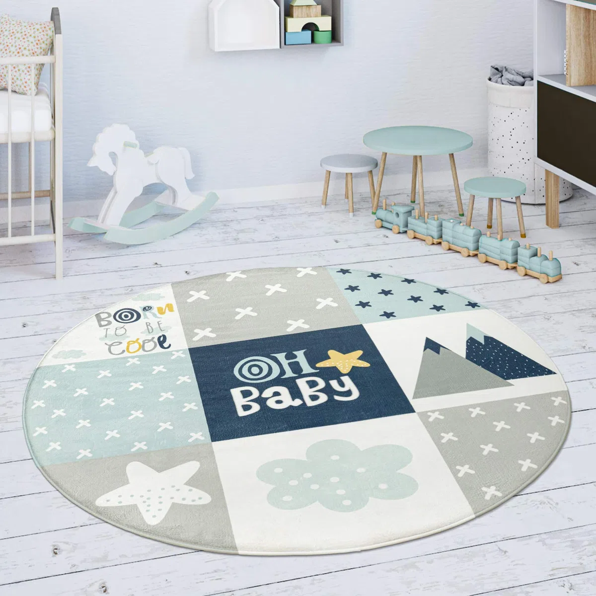 Paco Home Tappeto Bambini Rotondo Cameretta Femmine Maschi Stella Luna Elefante Arcobaleno, Dimensione:Ø 120 cm tondo, Colore:Blu