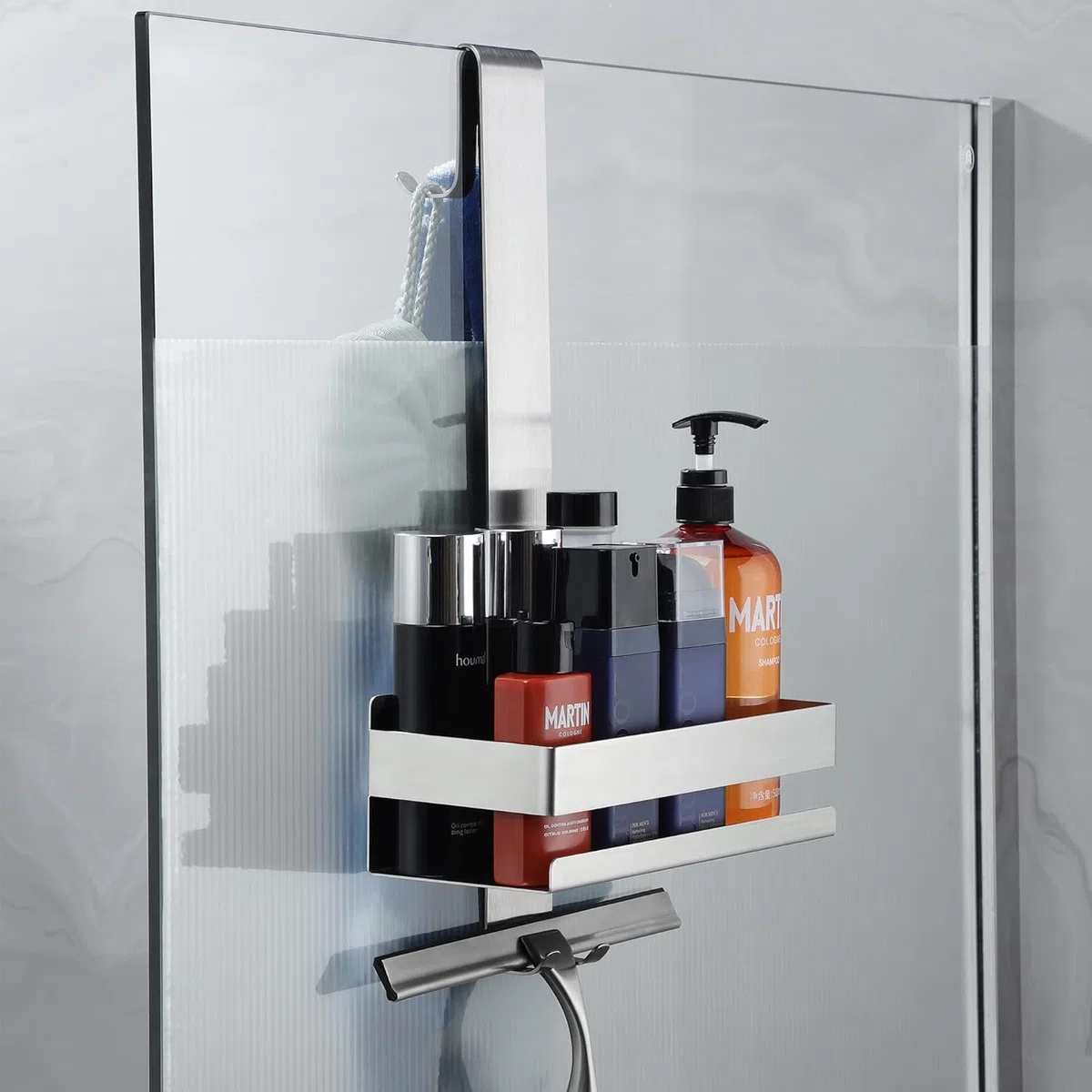 Mensola Doccia da Appendere, Mensola Doccia Senza Fori per Porta Doccia Senza Telaio in Vetro, Cestino Doccia in Acciaio Inox da Appendere per Porta Doccia in Vetro, Organizzatore da Bagno