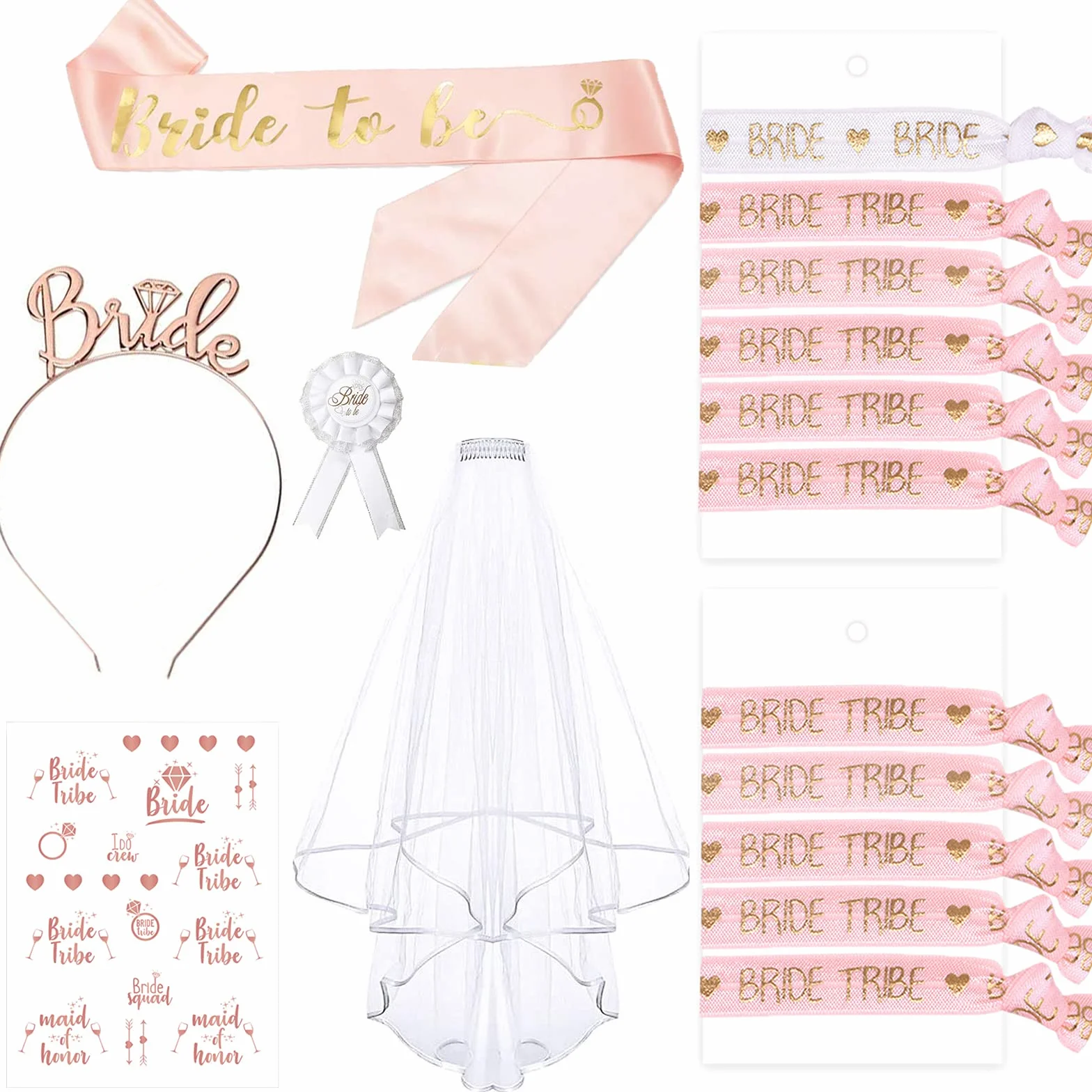 16PCS Gadget Sposa to Be Kit Accessori Velo Sposa Decorazione per la notte delle ragazze, 10 Team Sposa Bracciali, 1 Sposa to Be Bracciali, Velo, Spille, Tatuaggi, Cerchietto Tiara