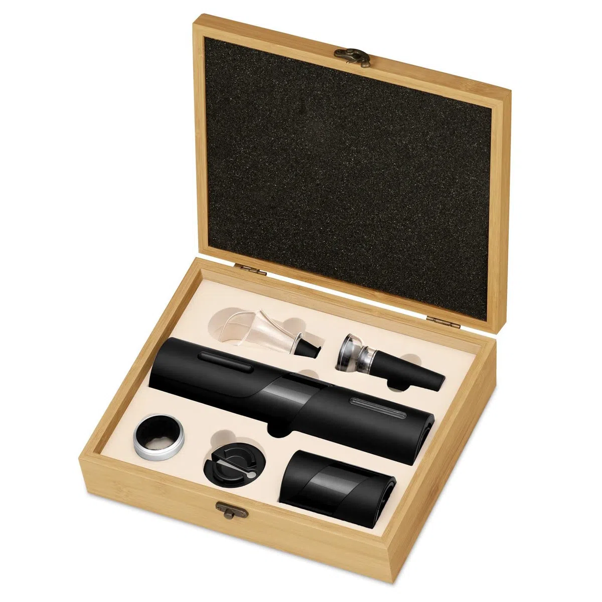 Maverton Stappa Bottiglie Elettrico - Set Accessori Vino + Cavatappi Birra - da 6 Pezzi - Personalizzato a Stampa - Scatola in Legno di Bambù - 27x22x7 cm - per le Coppie - regalo di Natale - Natale