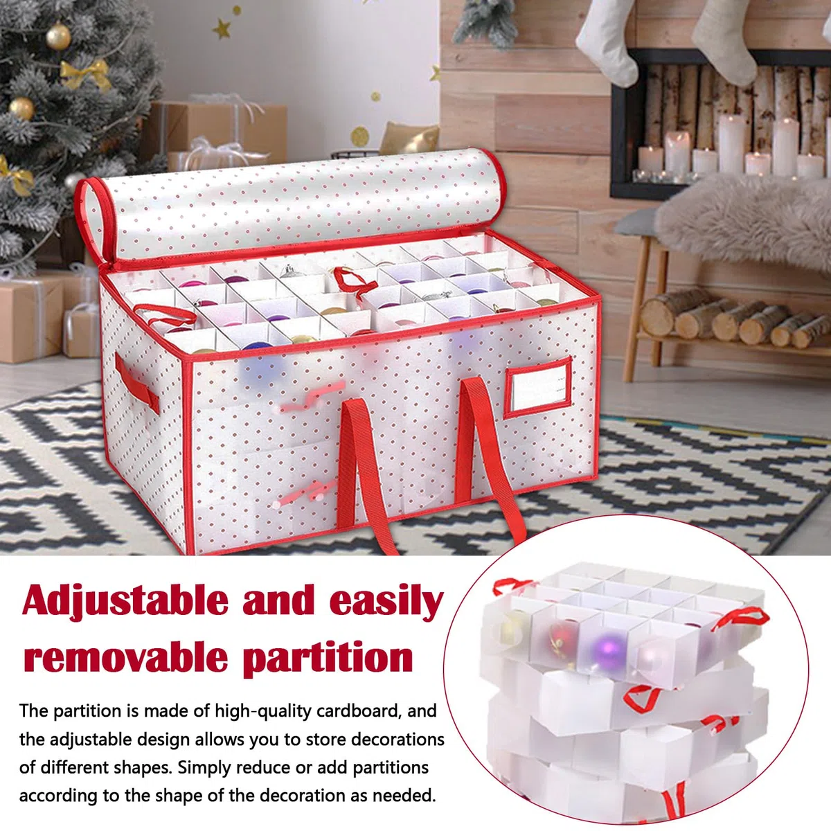 Porta Palline di Natale, Contenitore Scatola Portaoggetti con Divisori Regolabili Capacità 128 Decorazioni Ideale per Palline e Addobbi Natalizi