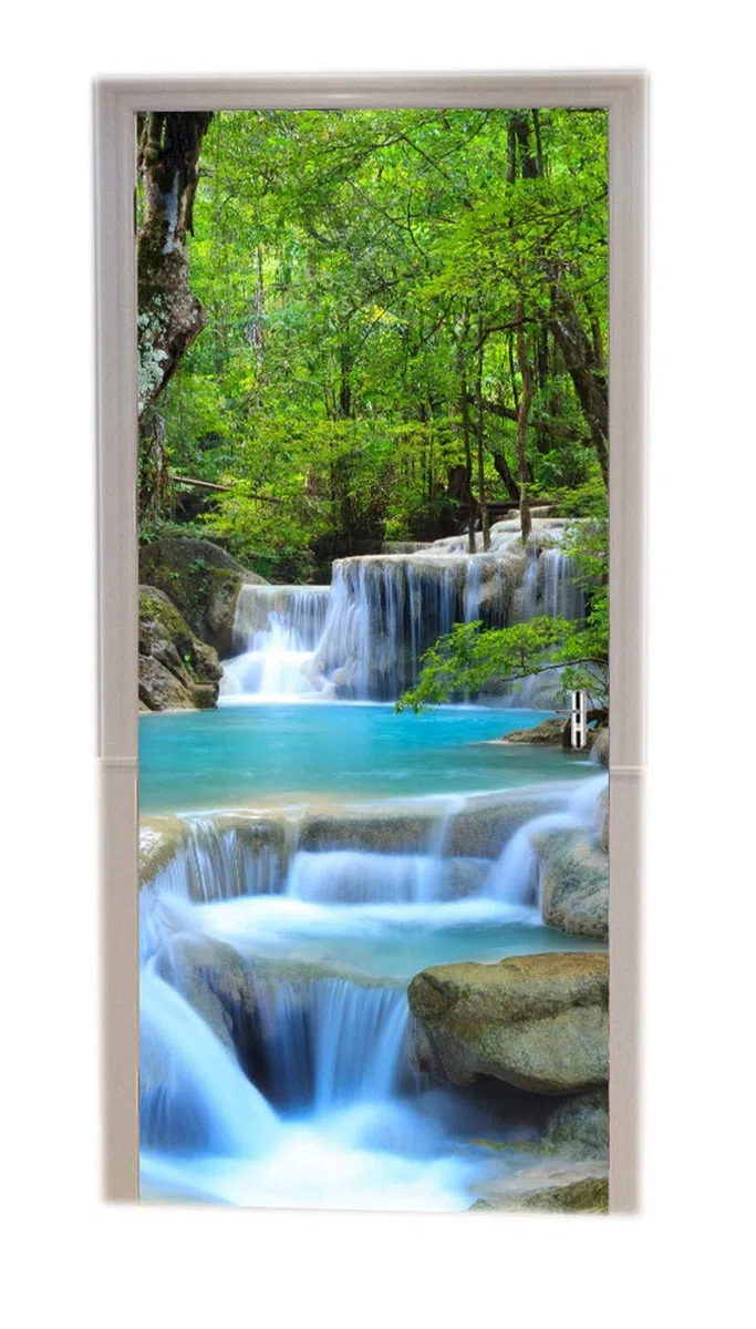 A.Monamour Adesivo Porta Autoadesiva Foresta Della Cascata Della Cascata Blu Del Parco Nazionale Di Erawan Della Tailandia Vinile PVC Adesivi per Porte Interne 3D Pellicola Adesiva Sticker Murale
