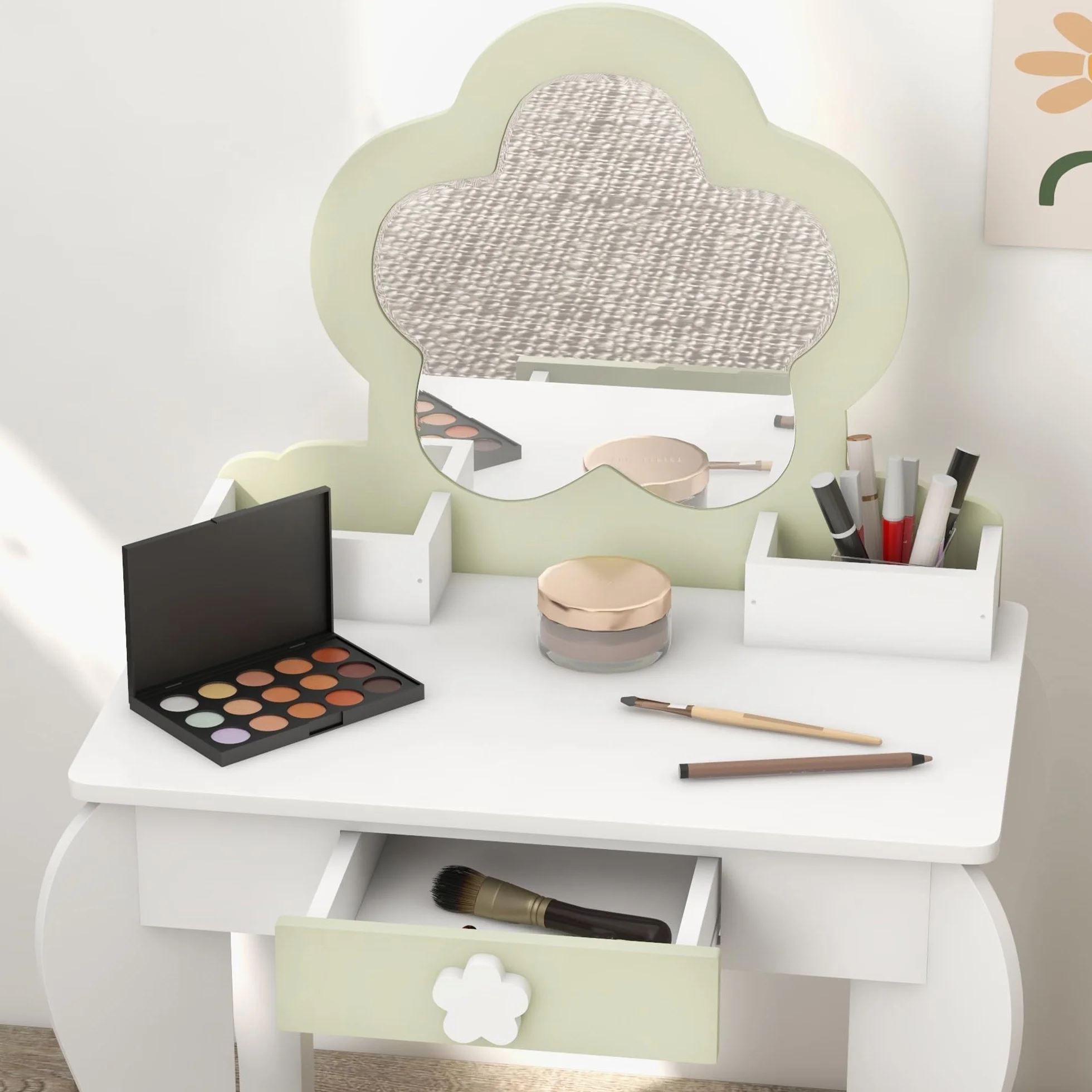 ZONEKIZ Set Toeletta con Specchiera Trucco per Bambina con Sgabello Abbinato, Tavolo Toeletta in Legno con Cassetto e Contenitori, Specchio a Fiore, Bianco
