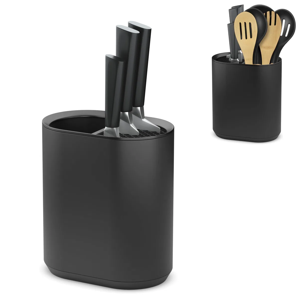Porta Mestoli e Ceppo Coltelli da Cucina, Porta Utensili Moderno in Plastica Nero Opaco, Organizzatore per Coltelli e Mestoli, Design Compatto e Elegante