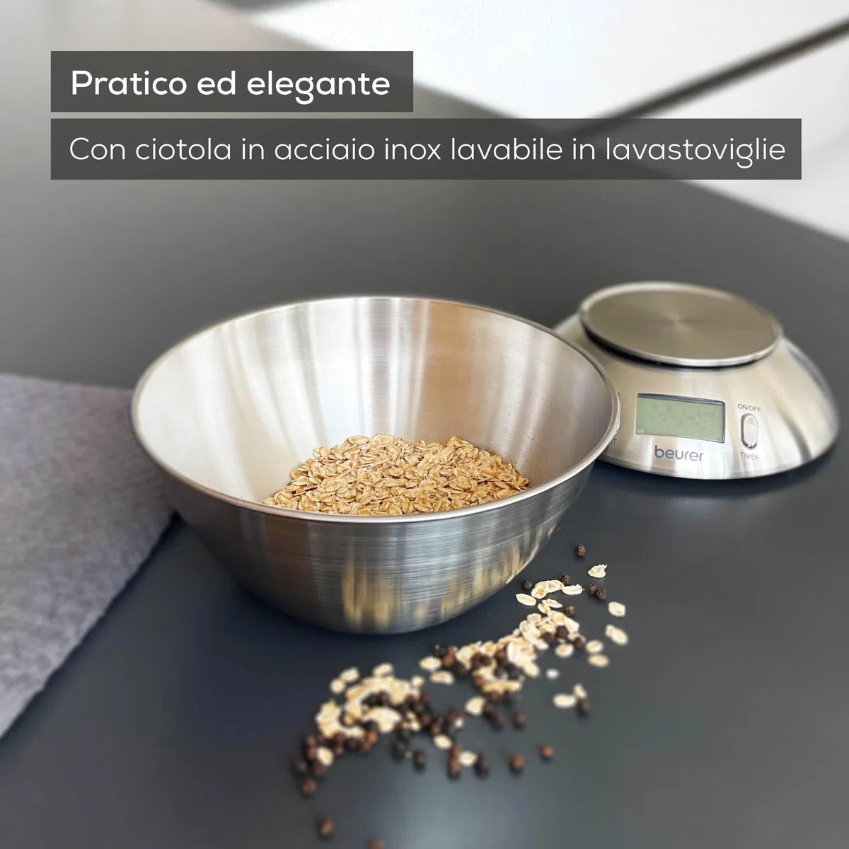 Beurer KS 54 Bilancia da Cucina, con Ciotola in Acciaio Inox Spazzolato Lavabile in Lavastoviglie, Timer Impostabile, Termometro ambientale integrato, Funzione Tara