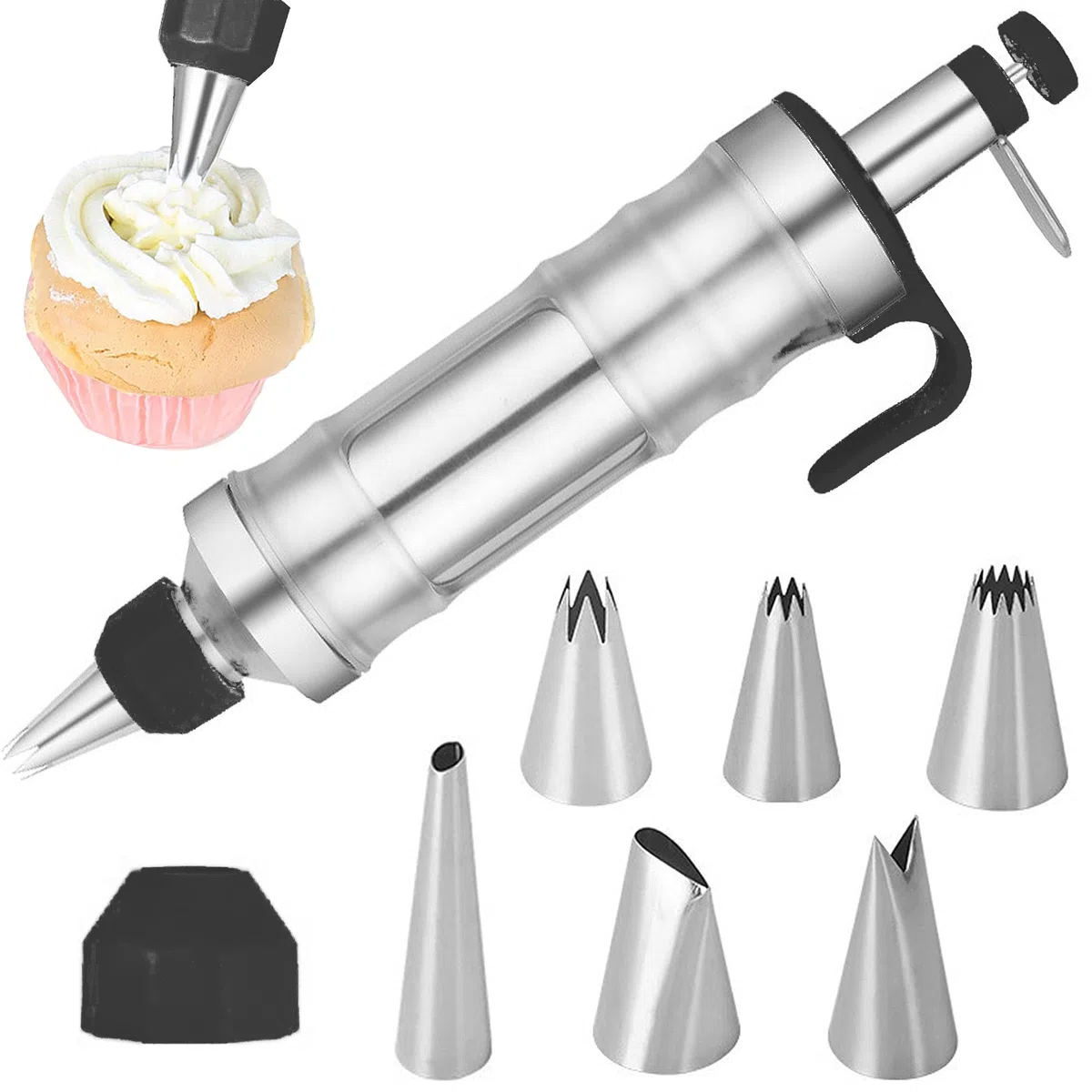 Siringa in acciaio inox con 6 beccucci con contenitore trasparente per cupcake, pasticceria