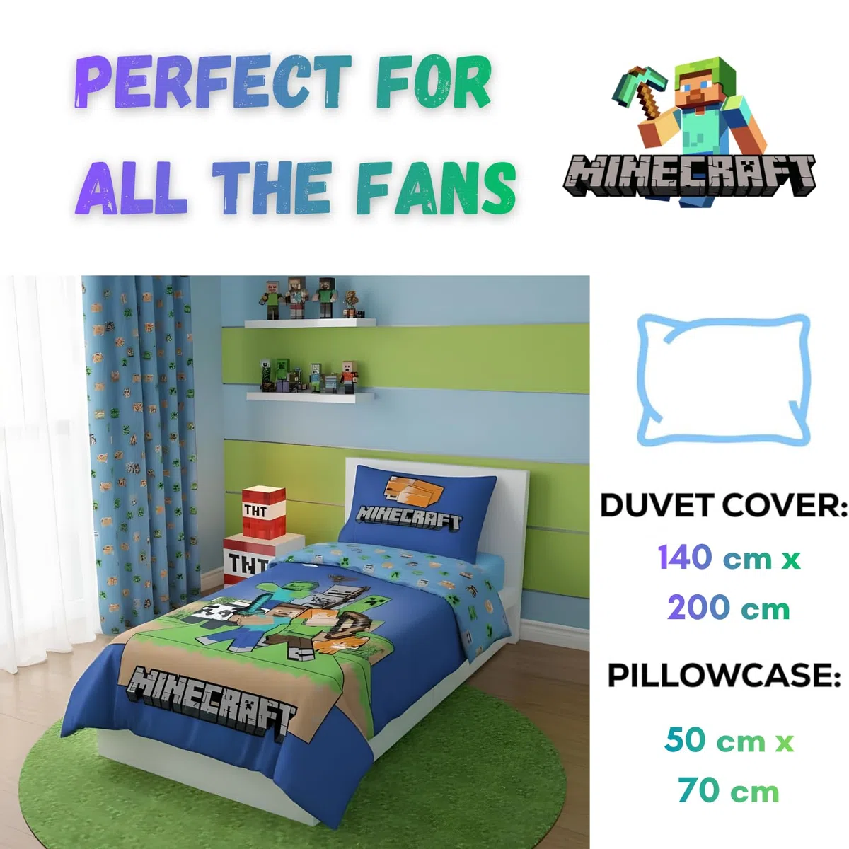 Minecraft Biancheria da letto per bambini | Copripiumino 140x200 cm & federa 50x70 cm | 100% cotone, morbido e traspirante | Design Minecraft “Ready to Survive”