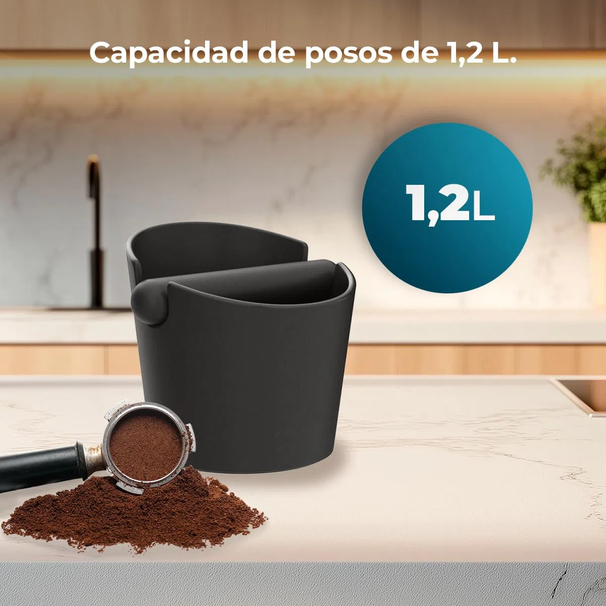 Cecotec Contenitore per fondi di caffè da 1,2 l Baristeo Throw&Away Large. Compatto, dimensioni: 15 x 13 x 15 cm, design ergonomico, materiale ABS, barra di battuta metallica con gomma, base