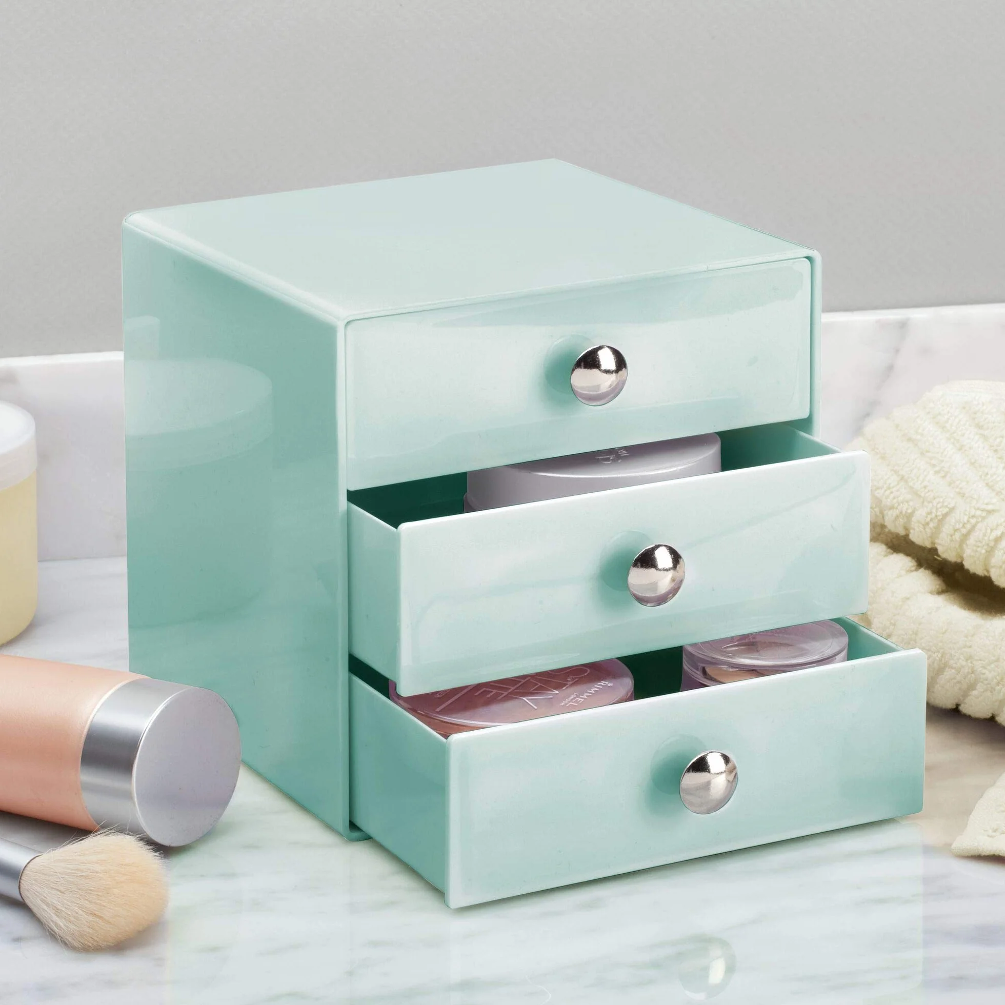 iDesign Drawers Cassetti Porta Trucchi, Mini Cassettiera Di Qualità Per Make Up, Bijoux Ecc., Cubi Porta Cosmetici Con 3 Cassetti, Plastica Verde Menta